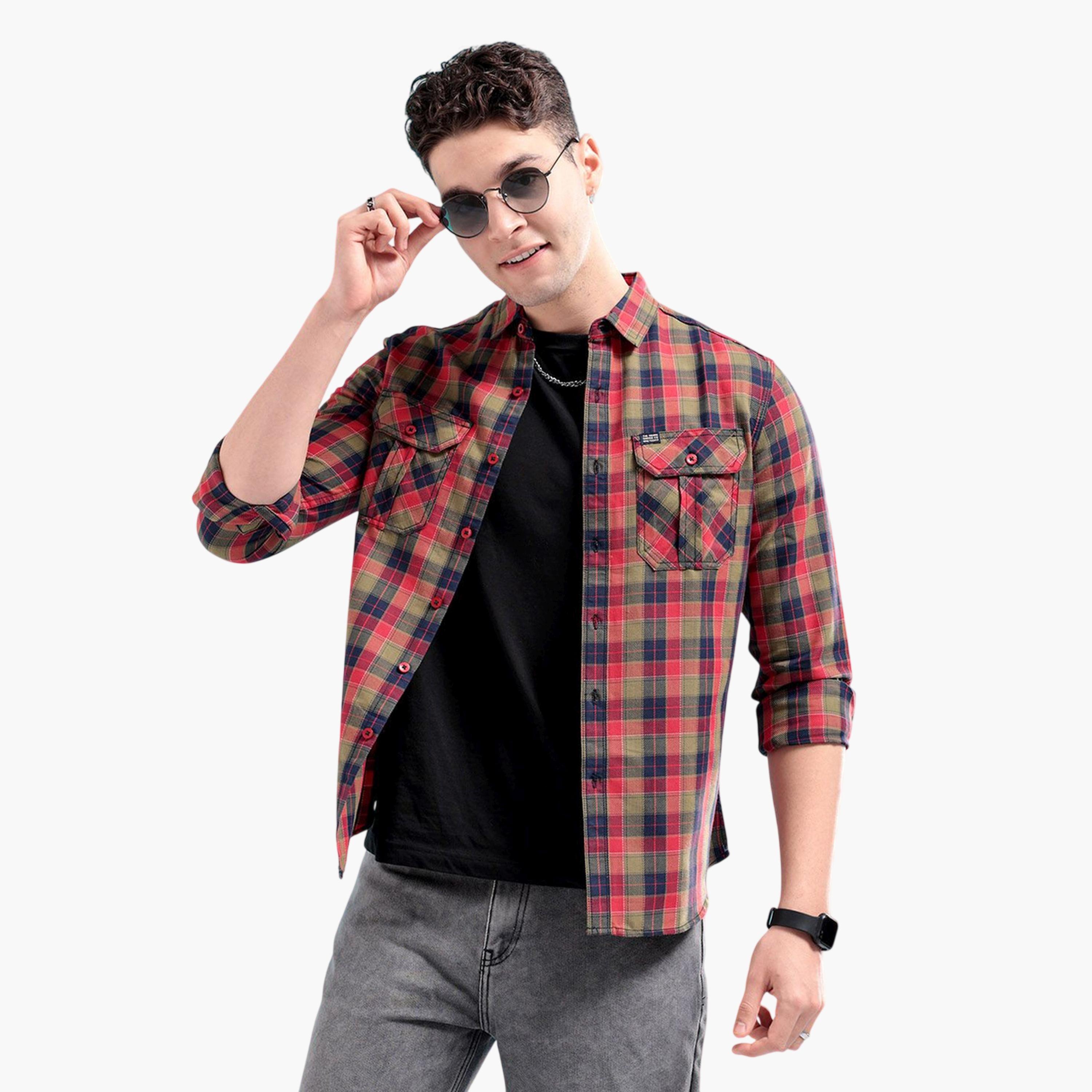 قميص كاروهات بقصة ضيقة للرجال-men-clothing-shirts-image-1