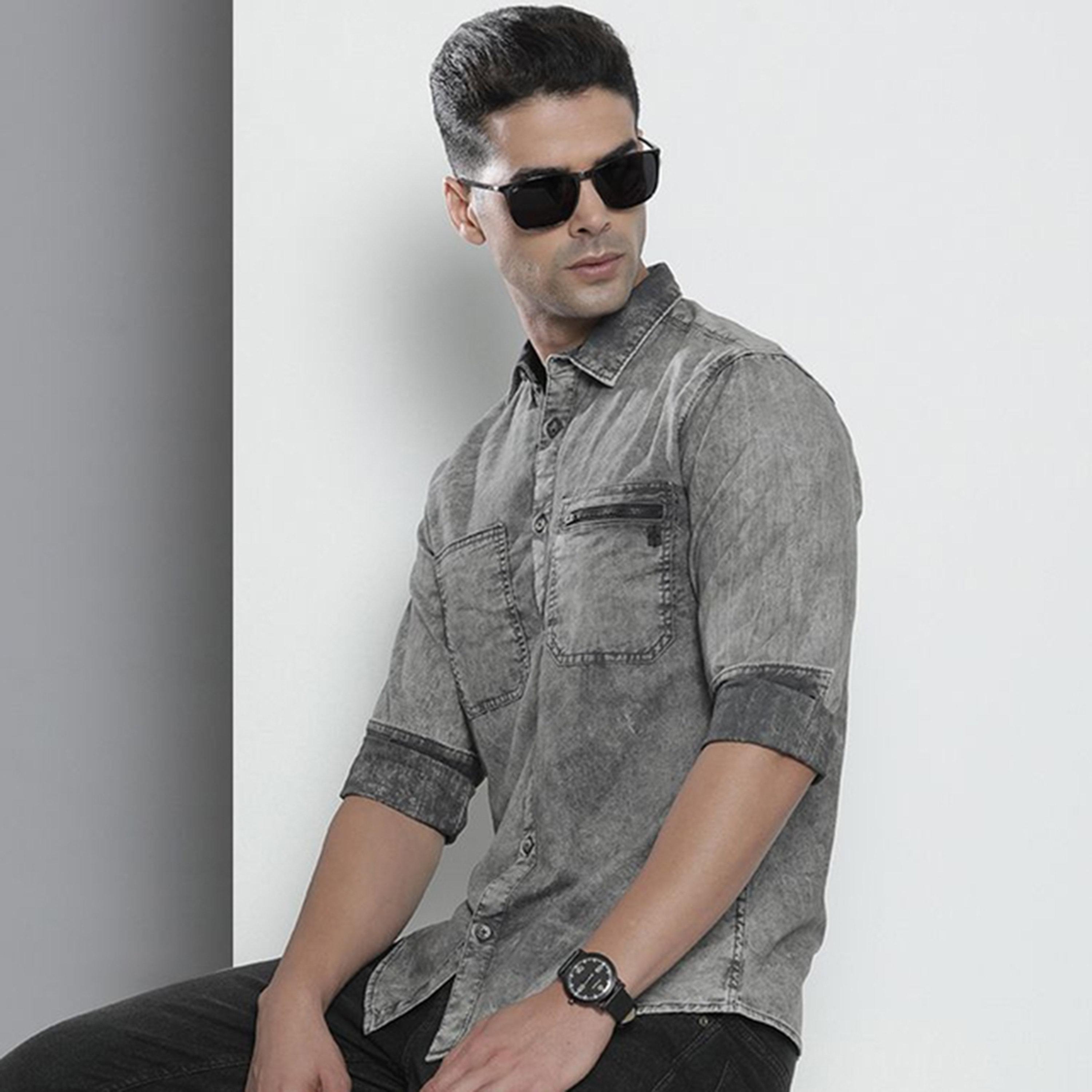 The Indian Garage Co X Styli Men Grey Acid Wash Slim Fit Shirt-men-clothing-shirts-image-1