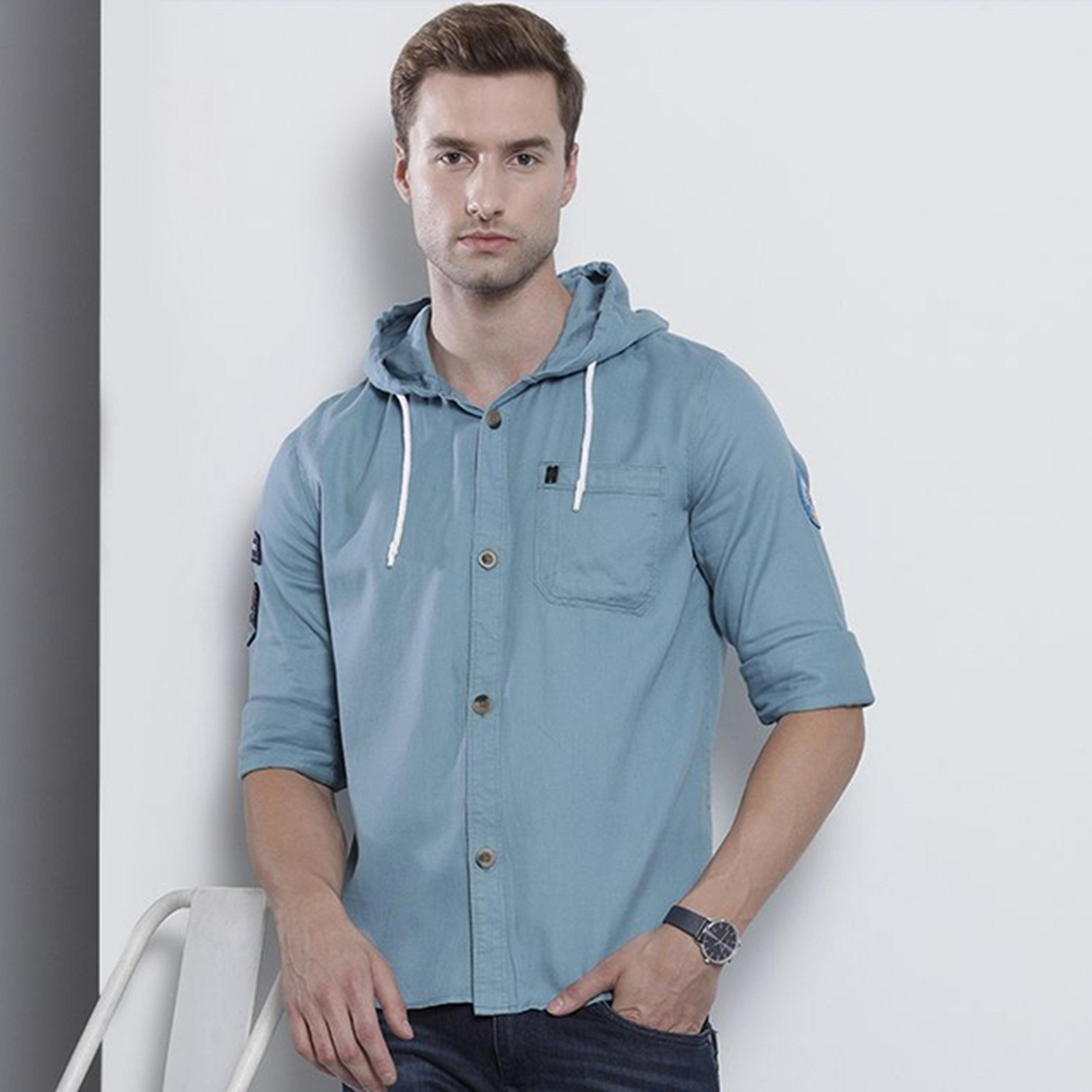 The Indian Garage Co X Styli Men Blue Solid Hooded Shirt-men-clothing-shirts-image-1