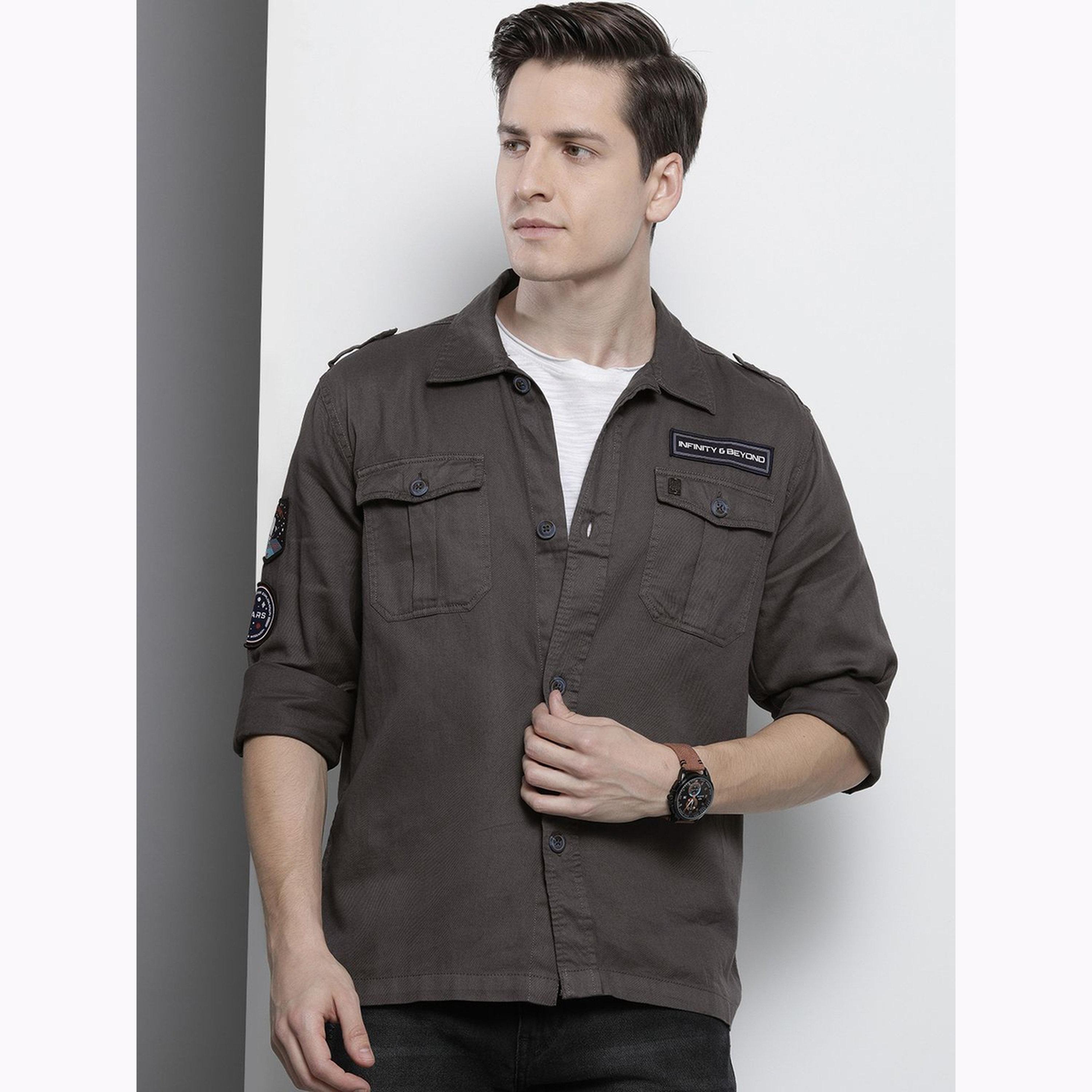 The Indian Garage Co X Styli Men Olive Green Military Shirt with Patches-men-clothing-shirts-image-1