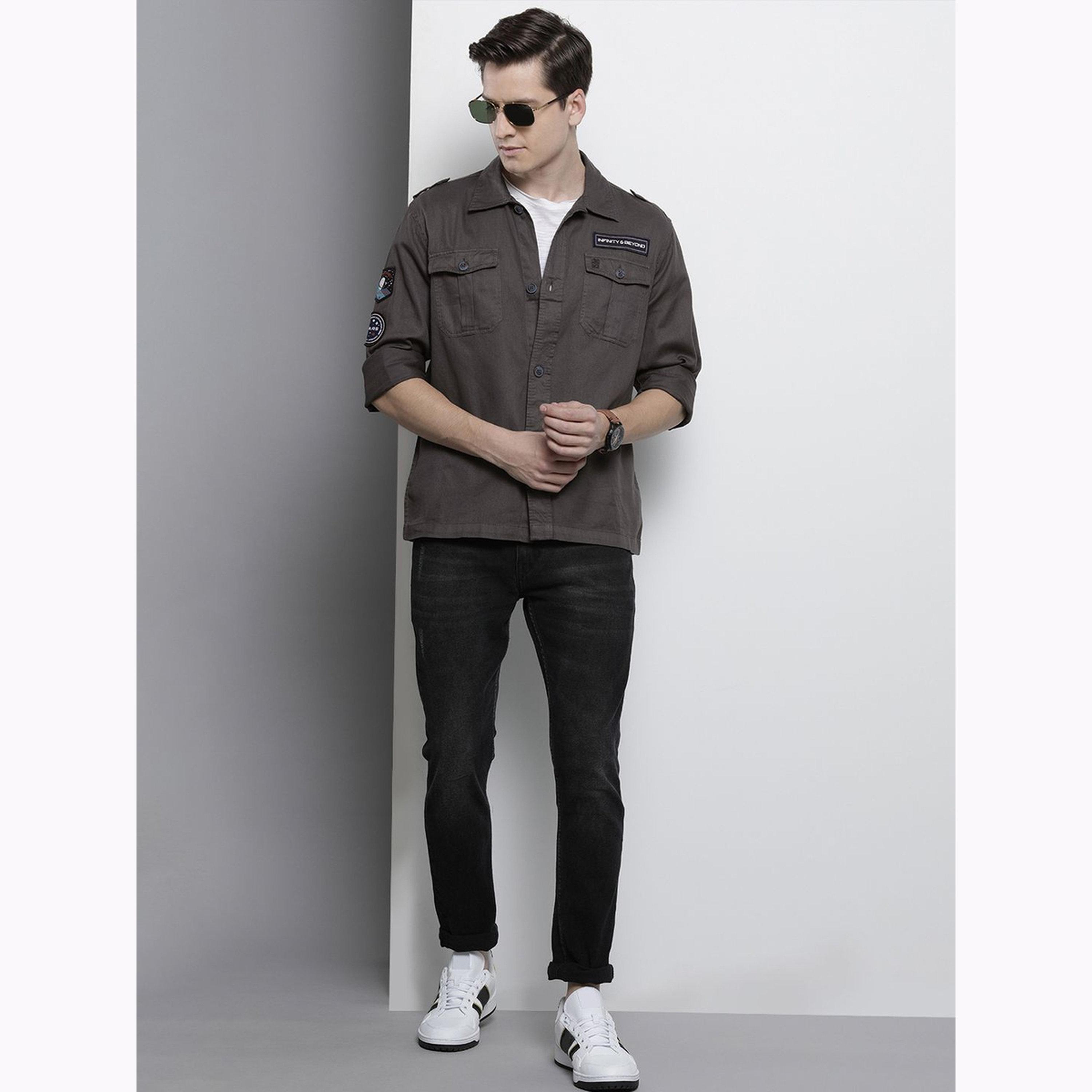 The Indian Garage Co X Styli Men Olive Green Military Shirt with Patches-men-clothing-shirts-image-2