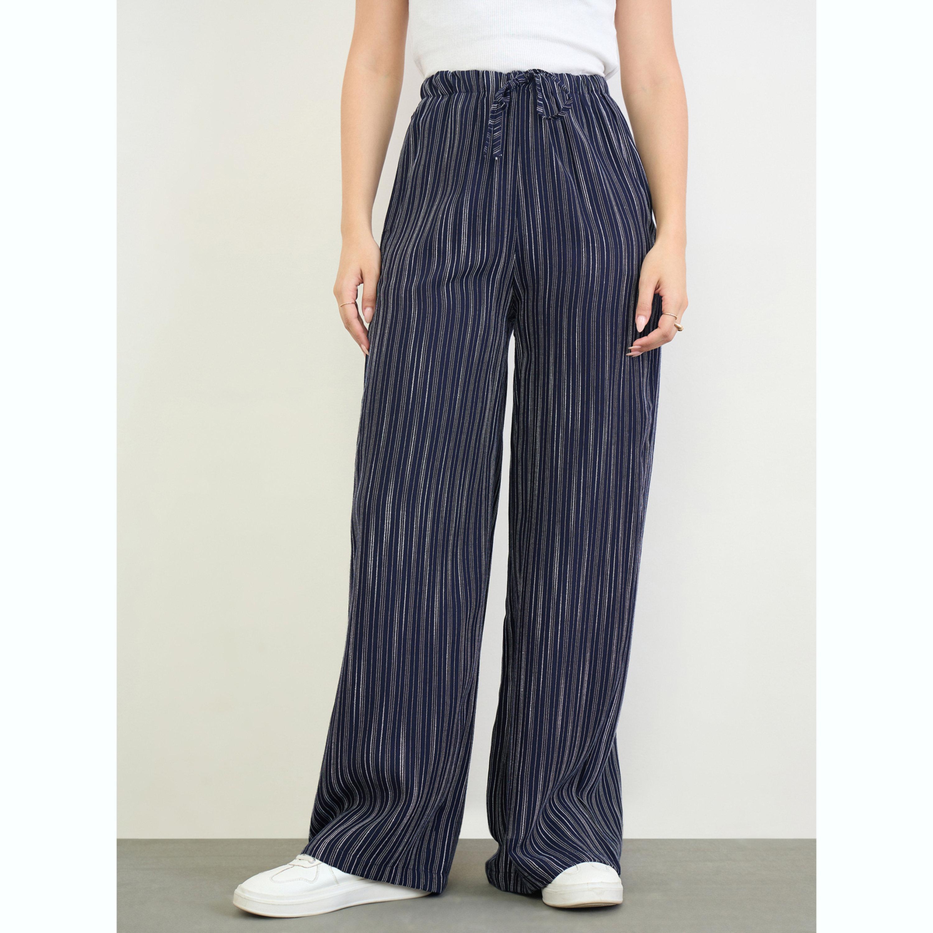 بنطال مخطط بأرجل واسعة ورباط خصر-women-clothing-bottoms-joggers-image-1
