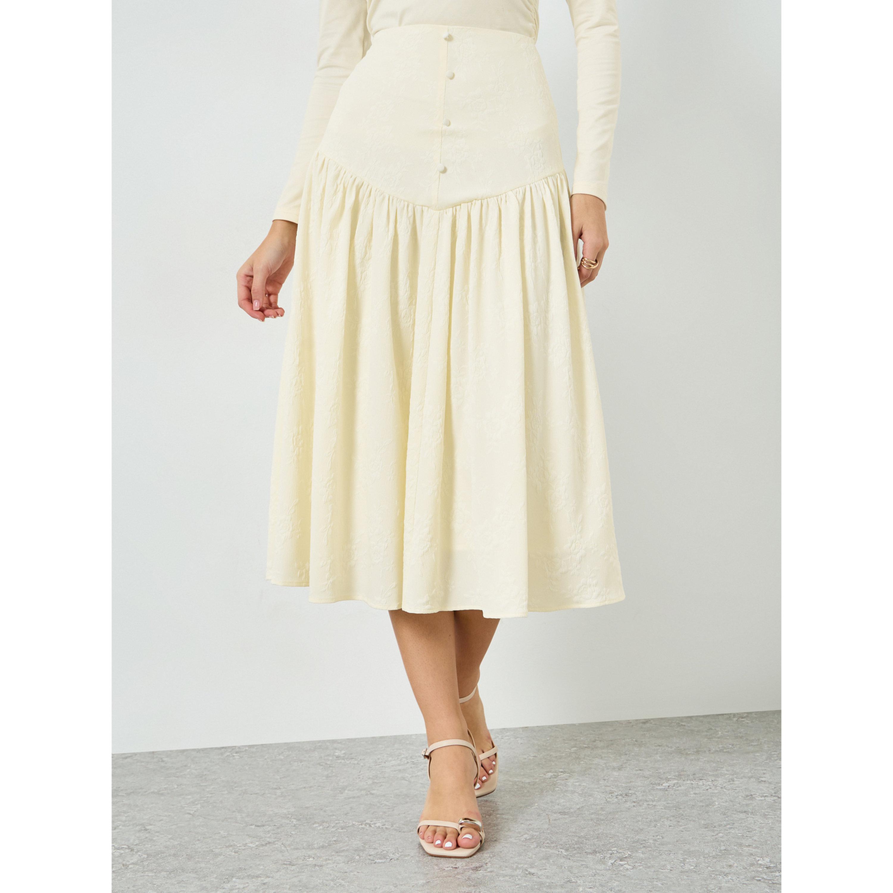 تنورة ميدي بكسرات وأزرار جانبية وبارزة الملمس-women-clothing-bottoms-skirts-image-1