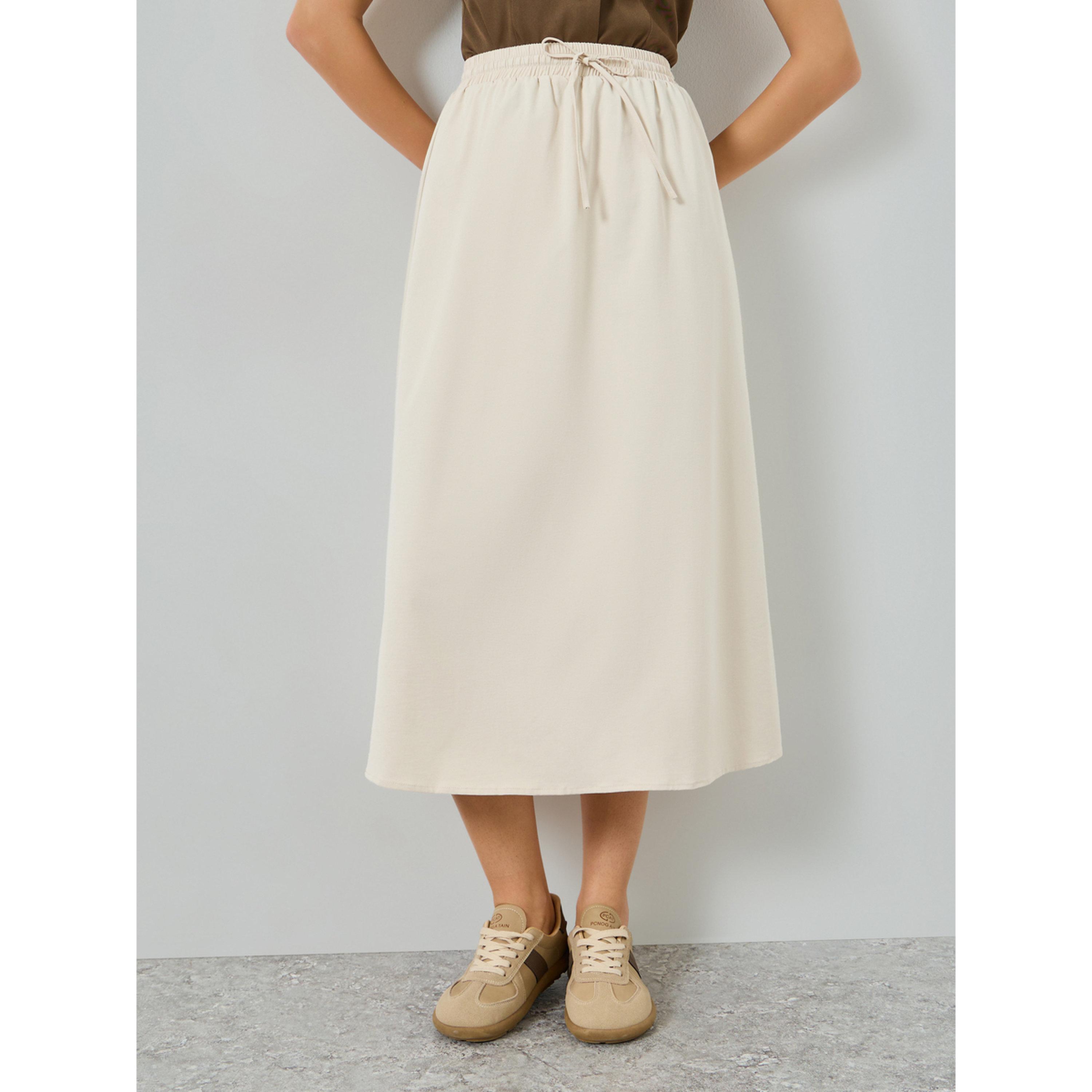 Take Two Beige Drawstring Waist Pleated Midi Skirt-women-clothing-bottoms-skirts-image-1