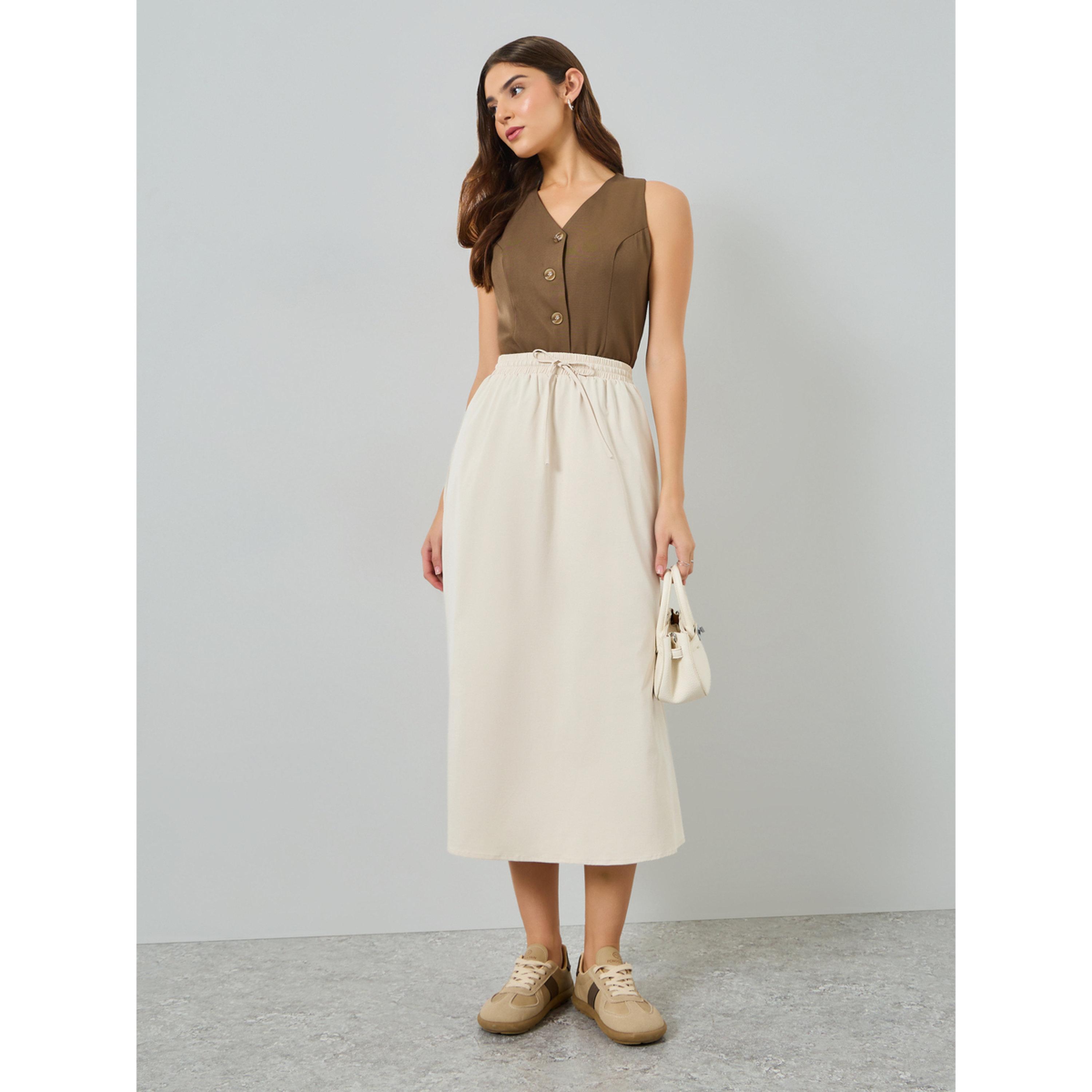Take Two Beige Drawstring Waist Pleated Midi Skirt-women-clothing-bottoms-skirts-image-2