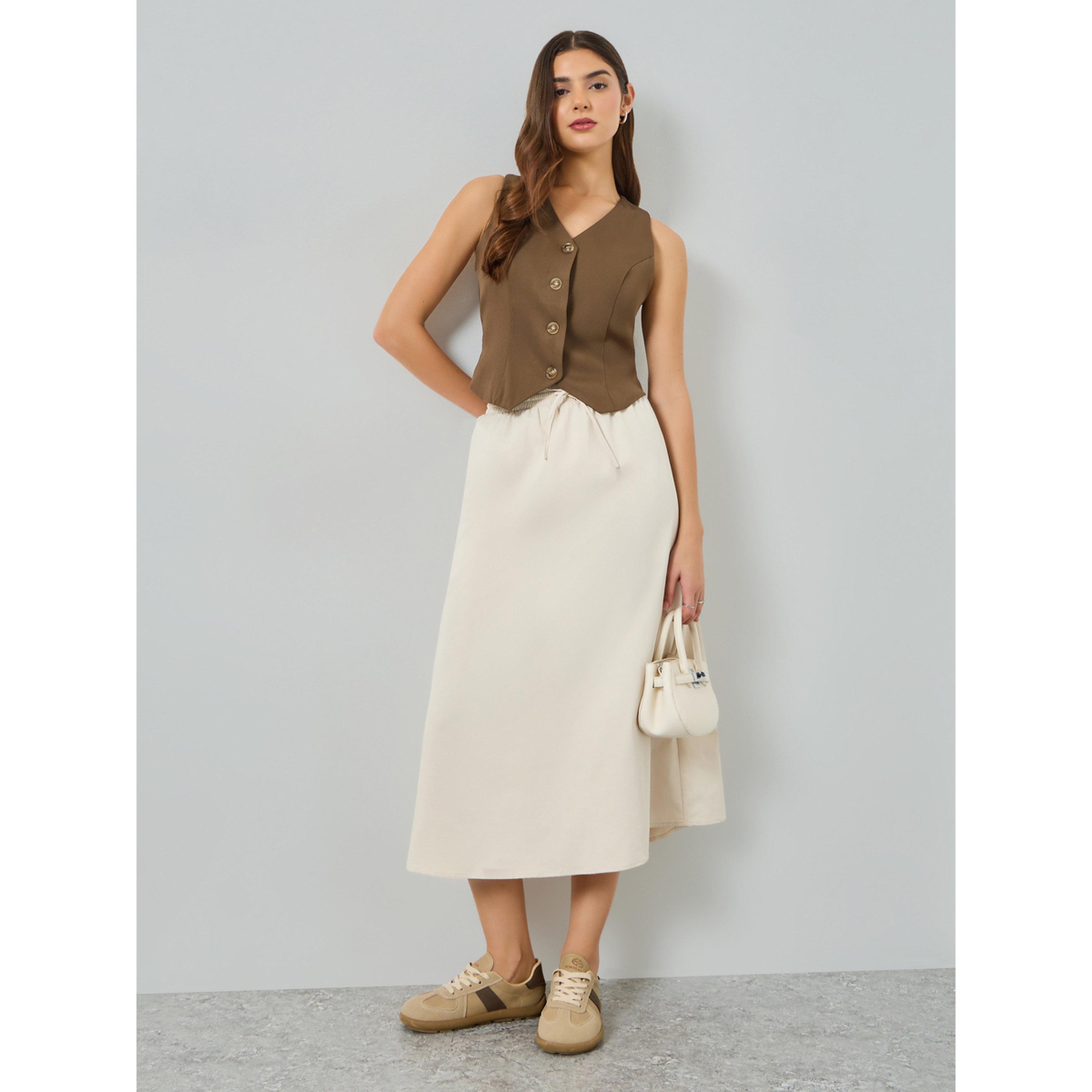 Take Two Beige Drawstring Waist Pleated Midi Skirt-women-clothing-bottoms-skirts-image-3