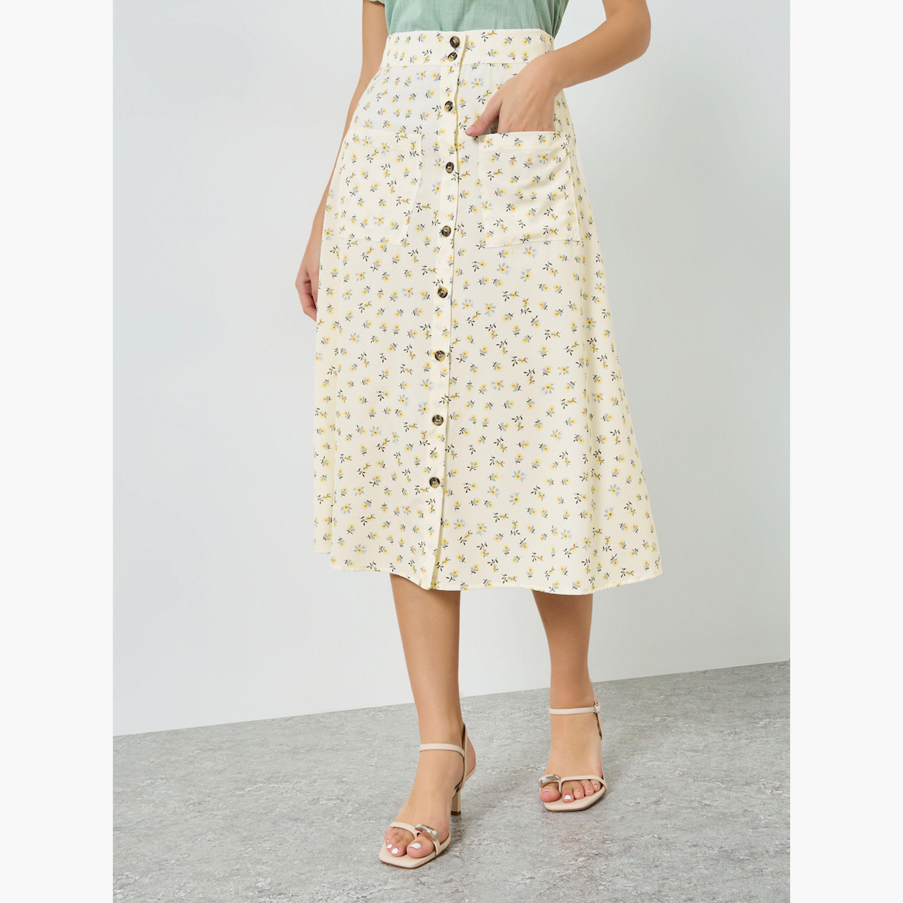 Take Two Beige Ditsy Print Buttoned Front Midi Skirt-women-clothing-skirts-image-1