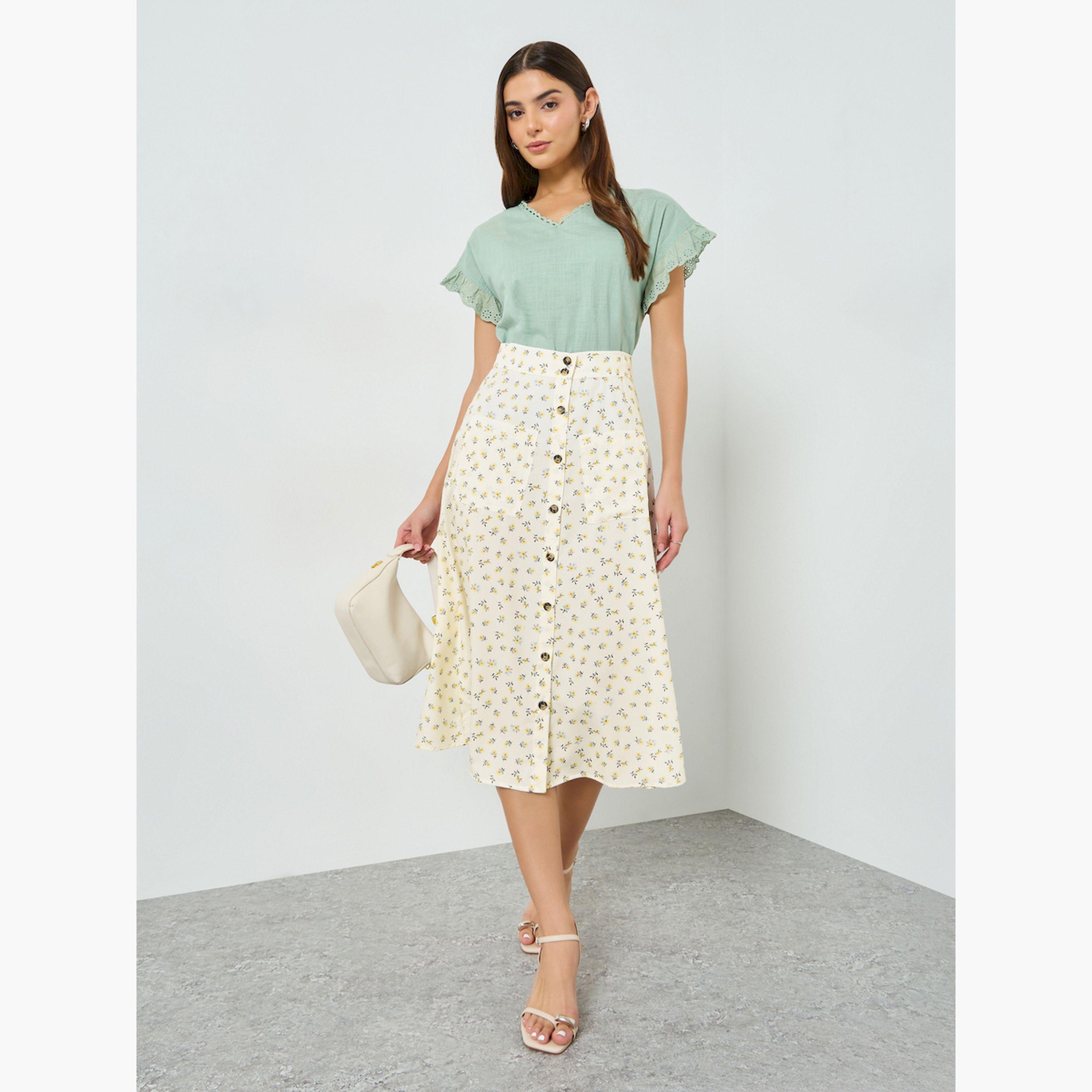 تنورة ميدي بأزرار أمامية وطبعات صغيرة-women-clothing-skirts-image-2