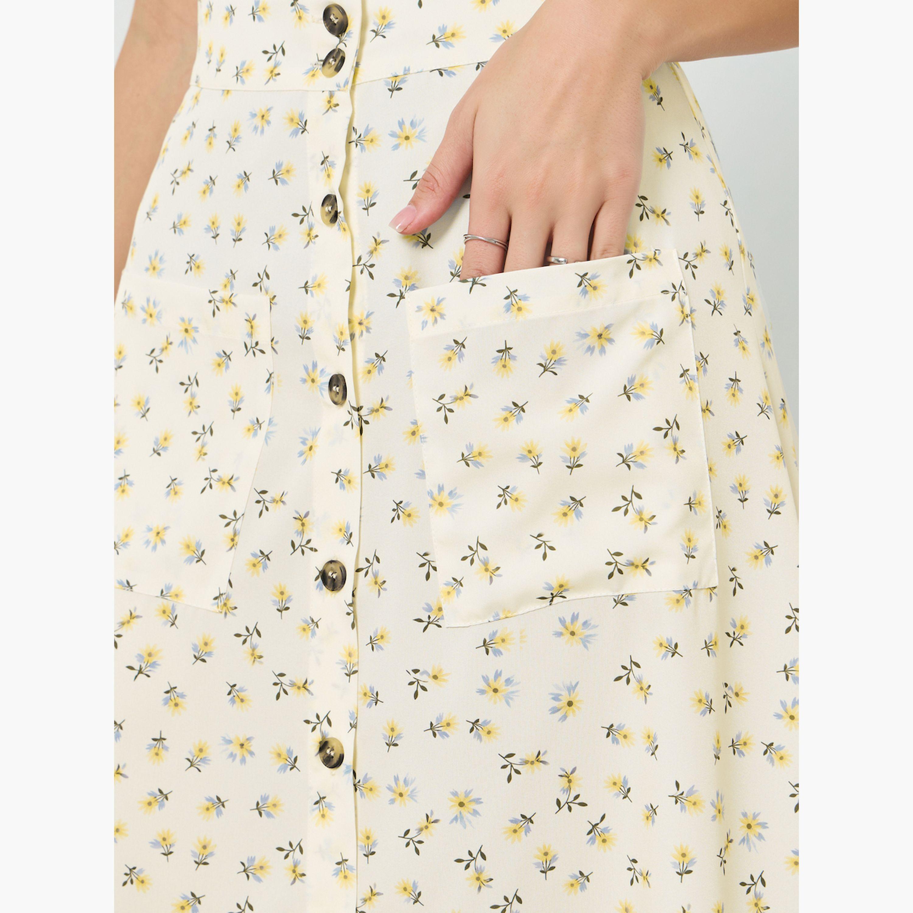 Take Two Beige Ditsy Print Buttoned Front Midi Skirt-women-clothing-skirts-image-3