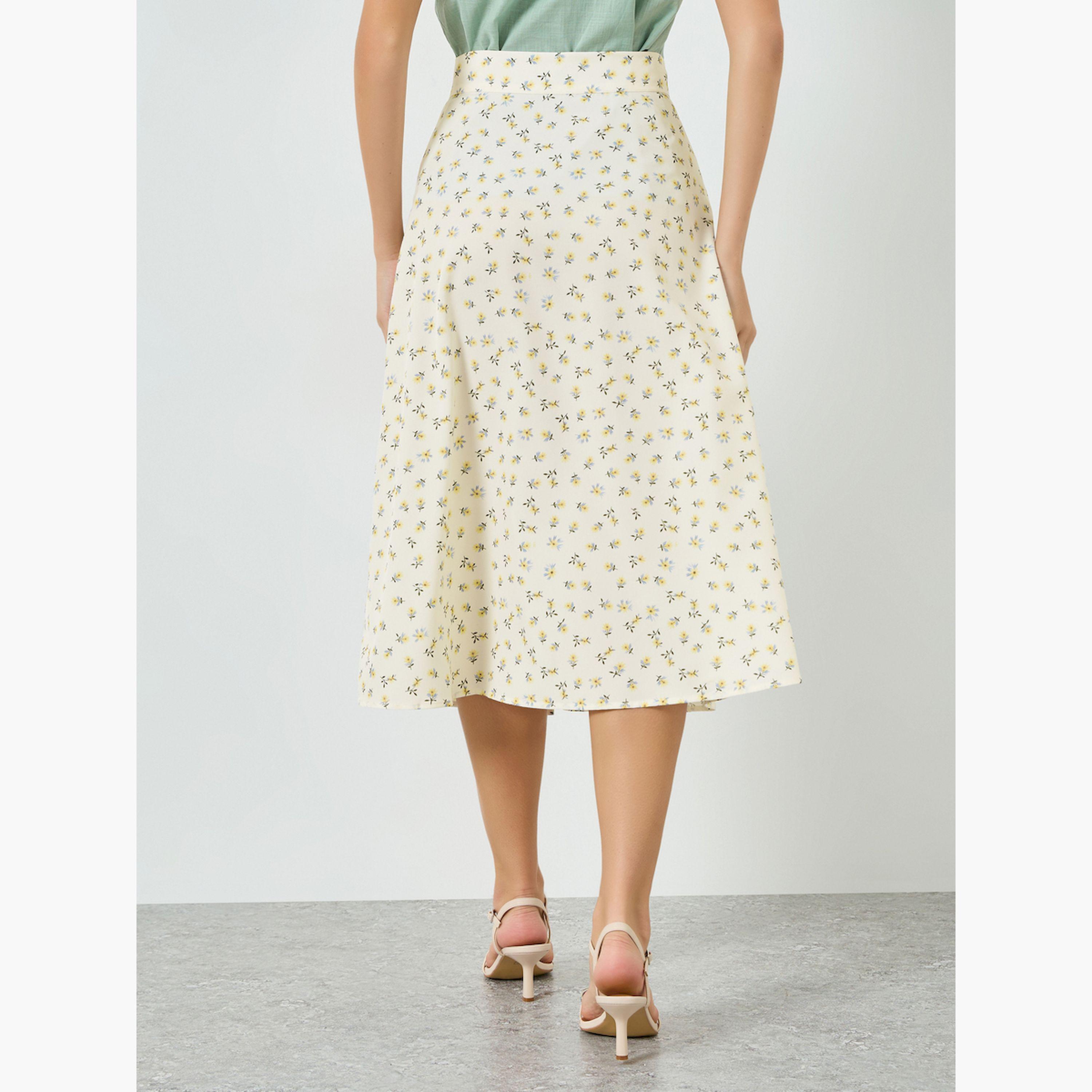 Take Two Beige Ditsy Print Buttoned Front Midi Skirt-women-clothing-skirts-image-4