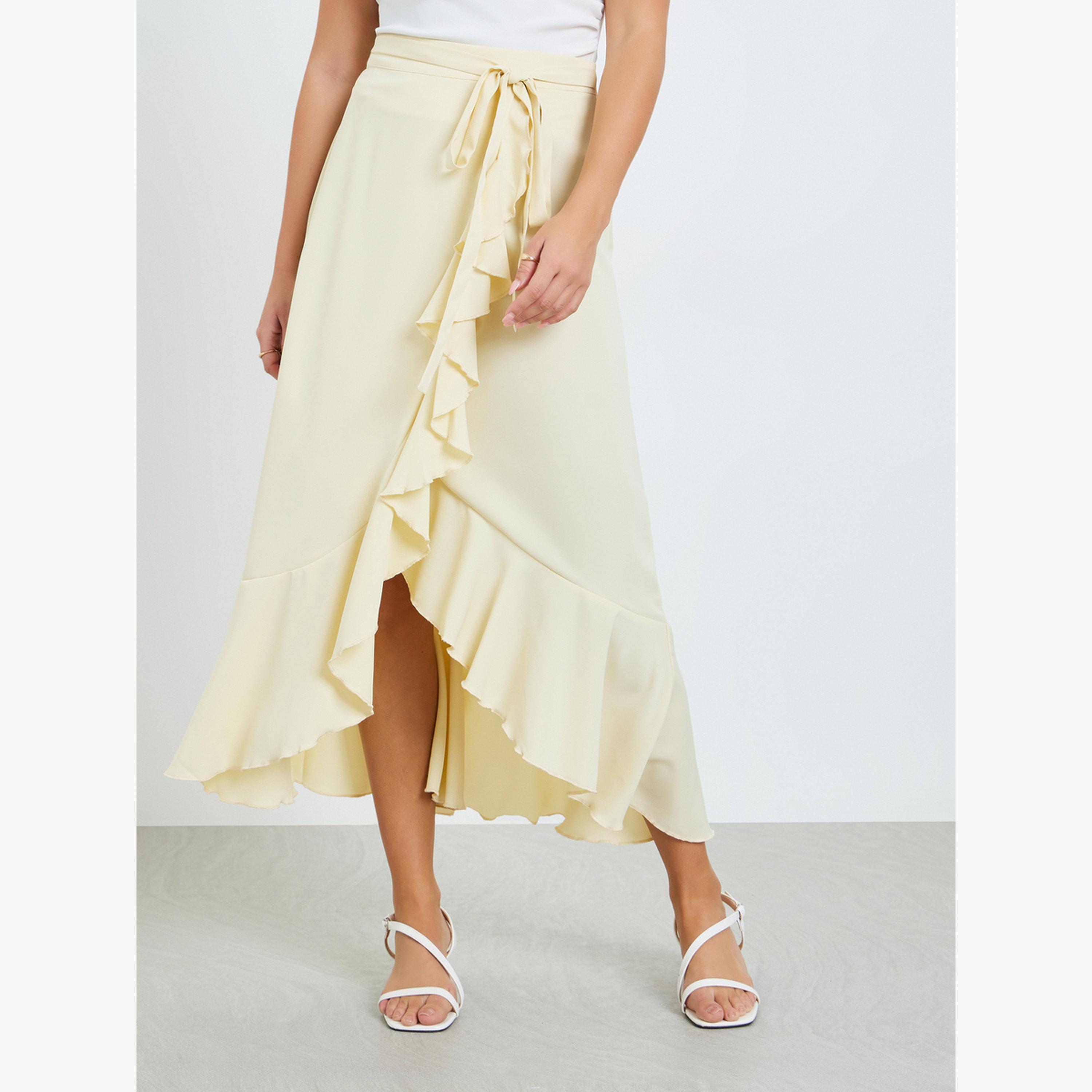 تنورة ميدي بحافة بكشكشة وأربطة-women-clothing-bottoms-skirts-image-1