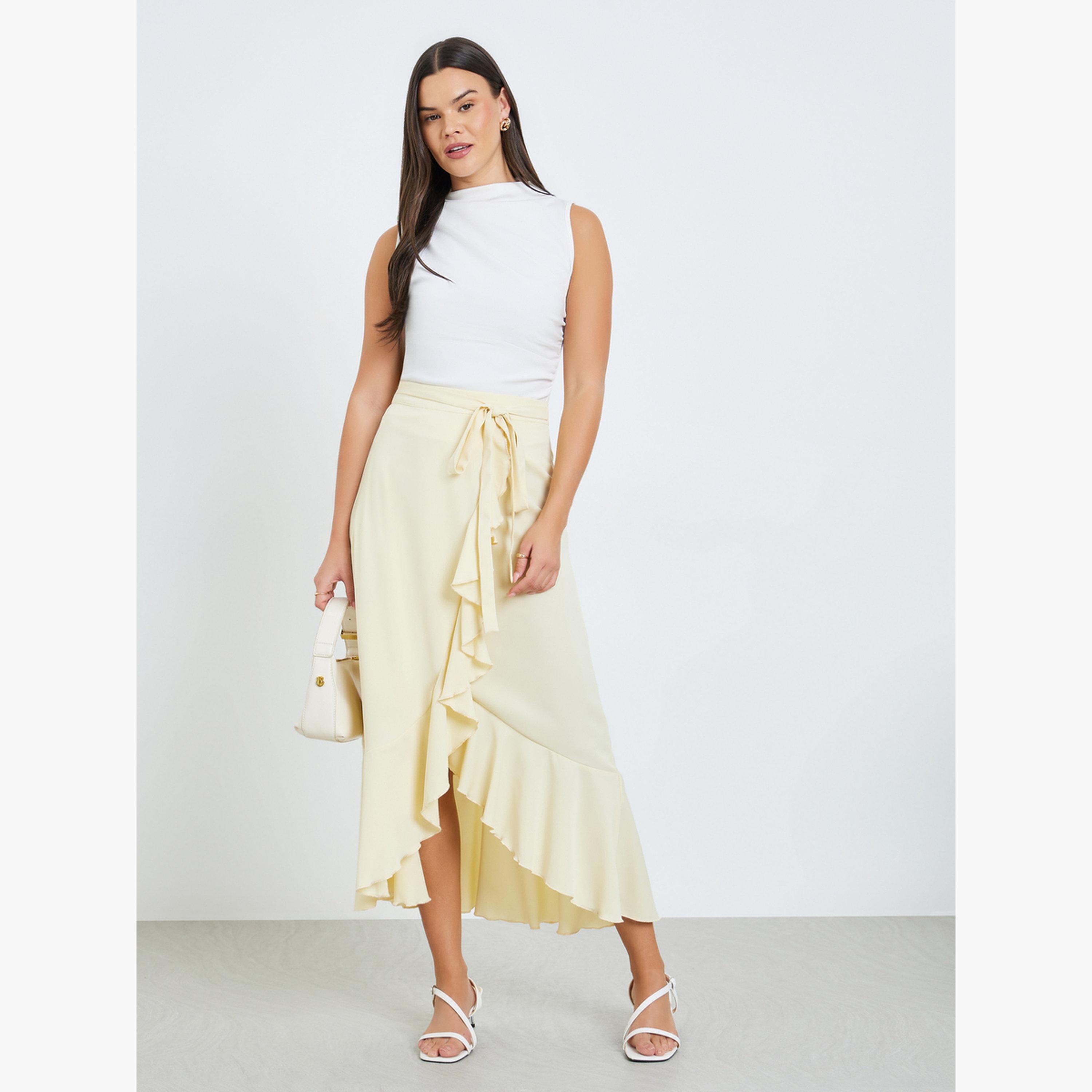 Take Two Yellow Ruffle Hem Midi Skirt with Tie-Up-women-clothing-bottoms-skirts-image-2
