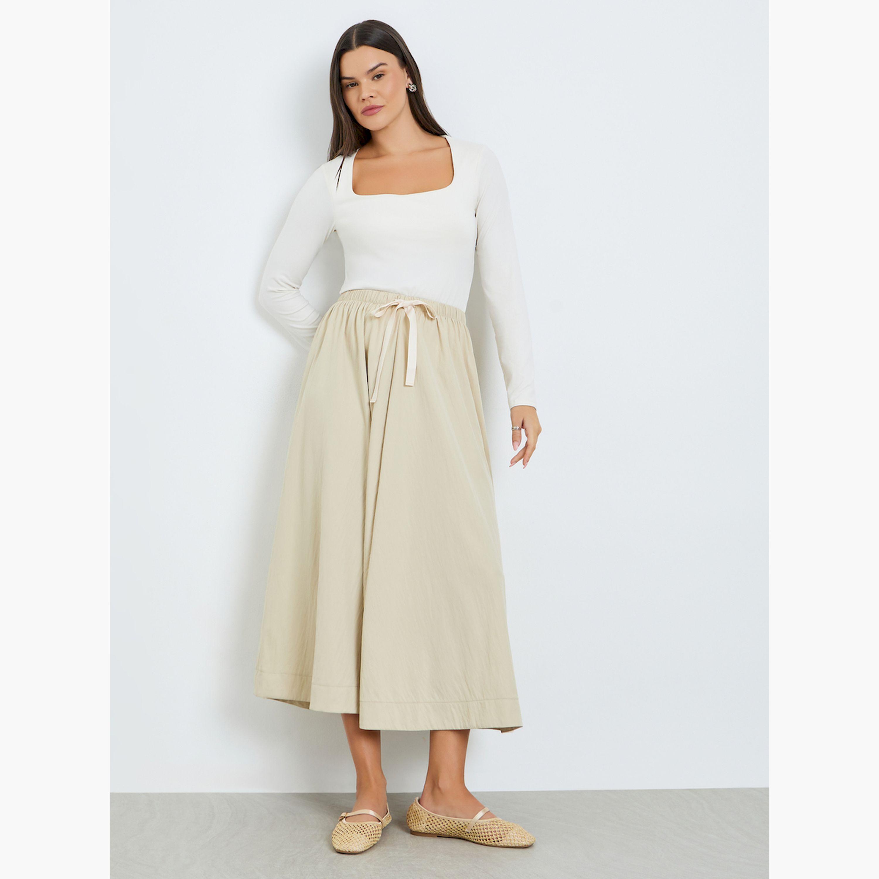 Take Two Beige Drawstring Waist Pleated Skirt-women-clothing-bottoms-skirts-image-2