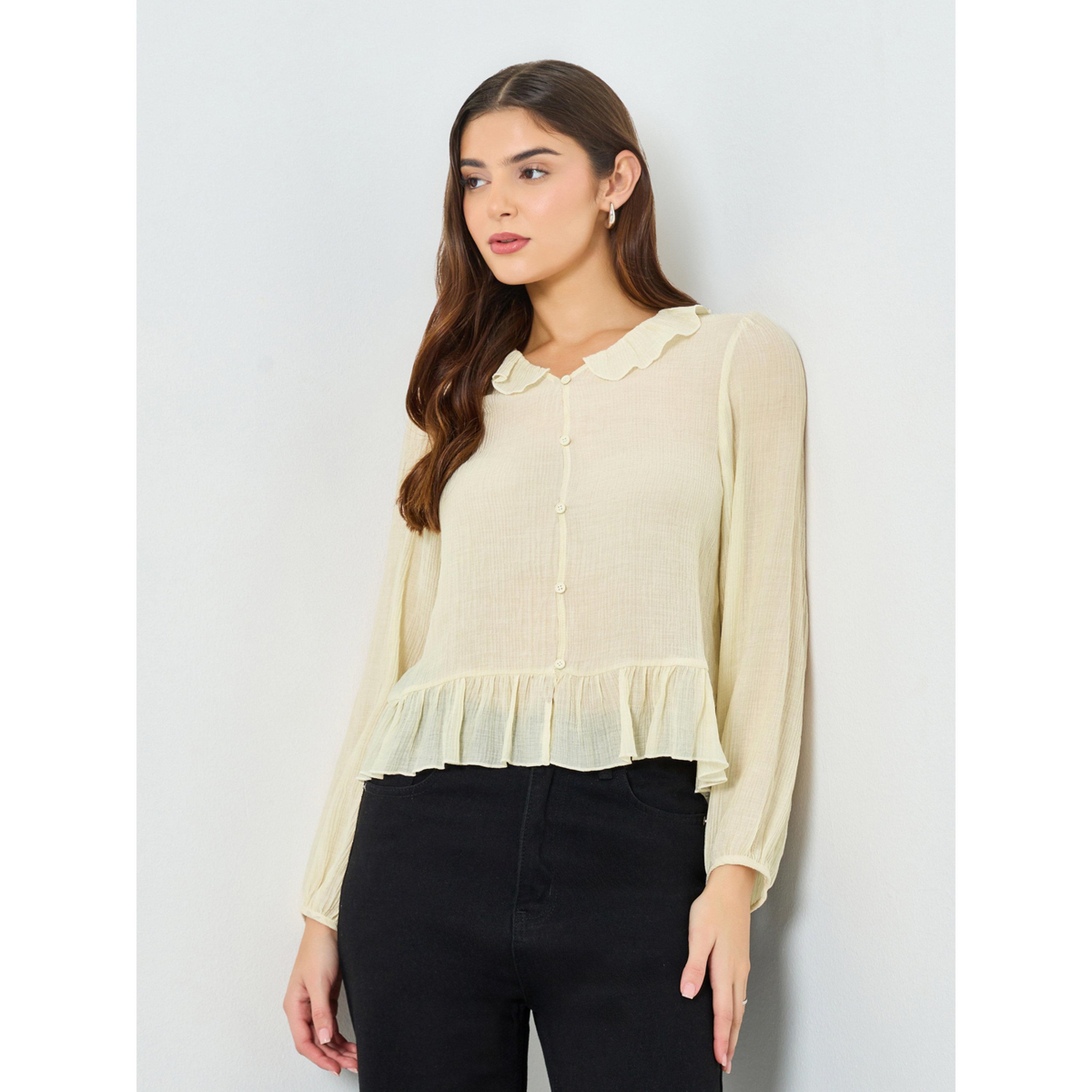 Take Two Beige Texture Buttoned Ruffle Hem Top-women-clothing-shirtsandblouses-blouses-image-1