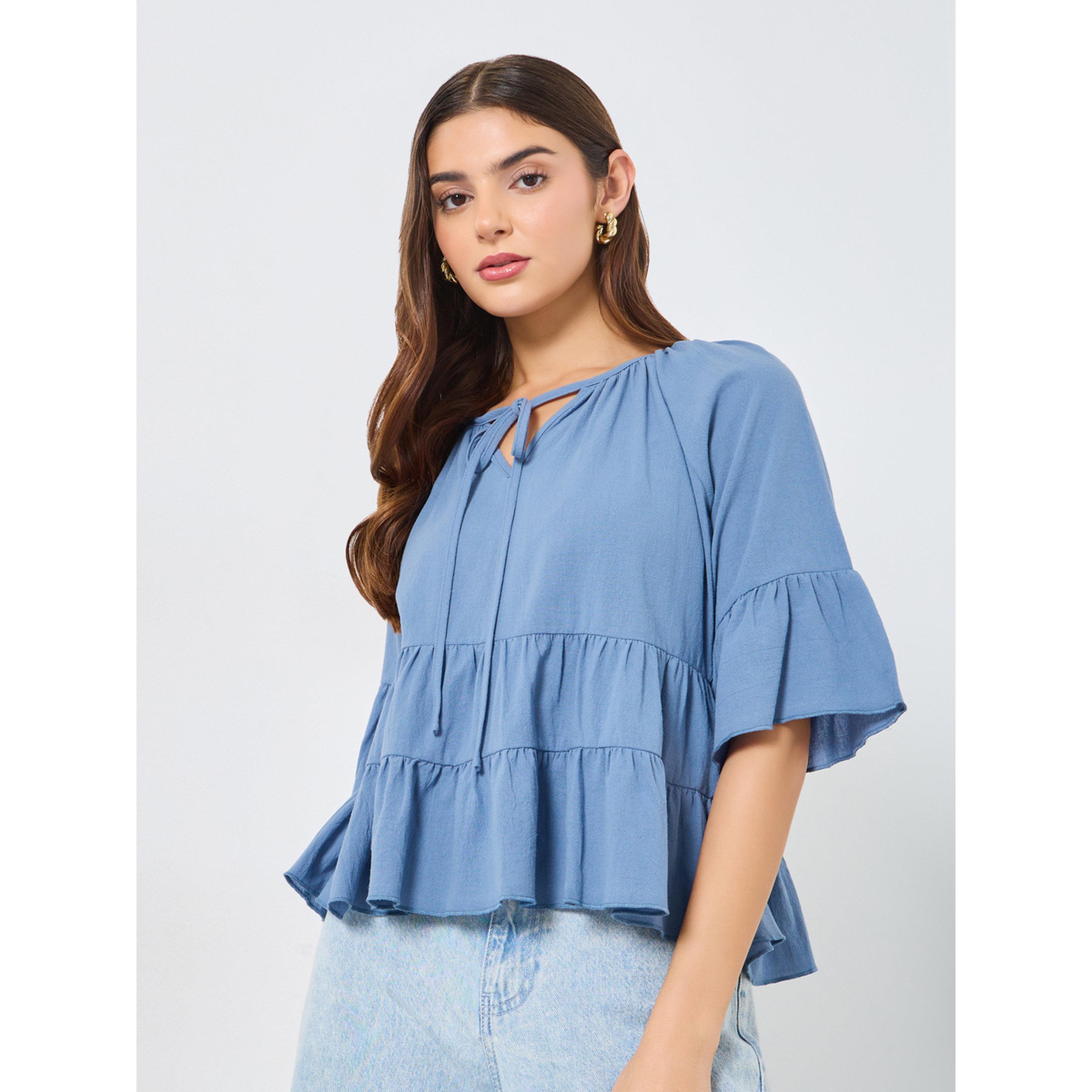 Take Two Blue Tiered Ruffle Sleeve Top-women-clothing-shirtsandblouses-blouses-image-1