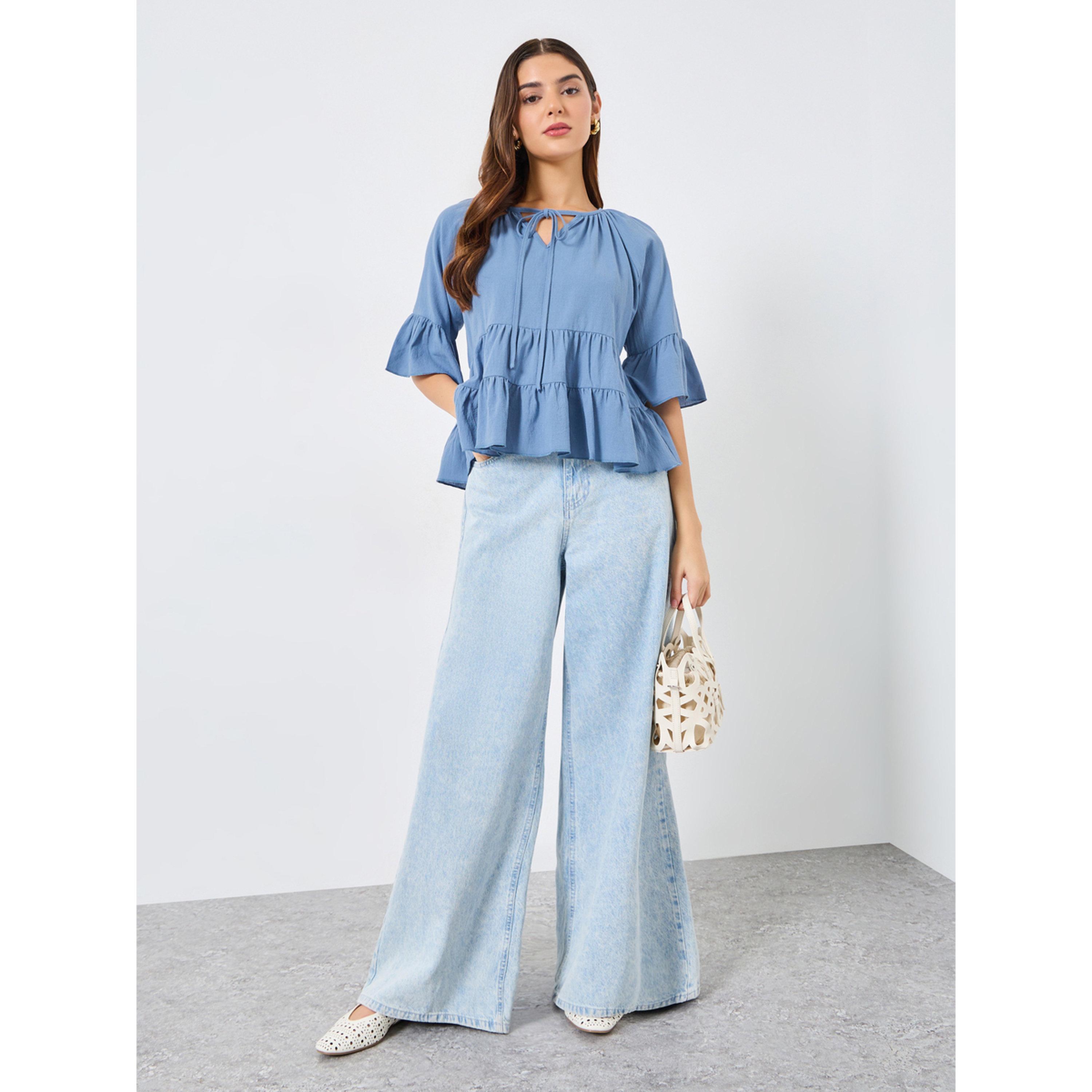 Take Two Blue Tiered Ruffle Sleeve Top-women-clothing-shirtsandblouses-blouses-image-2