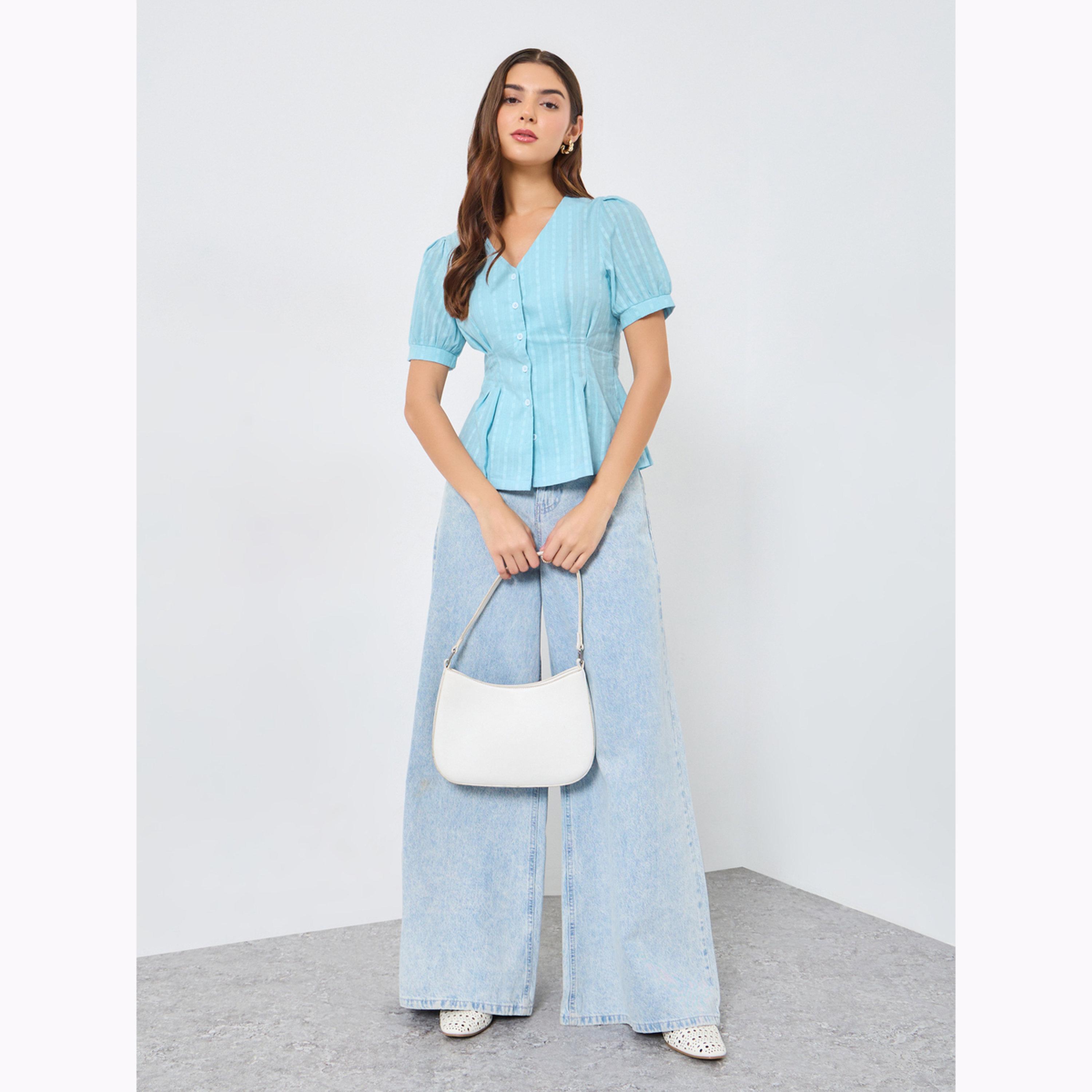 Take Two Light Blue Texture Puff Sleeve Buttoned Top-women-clothing-shirtsandblouses-blouses-image-2