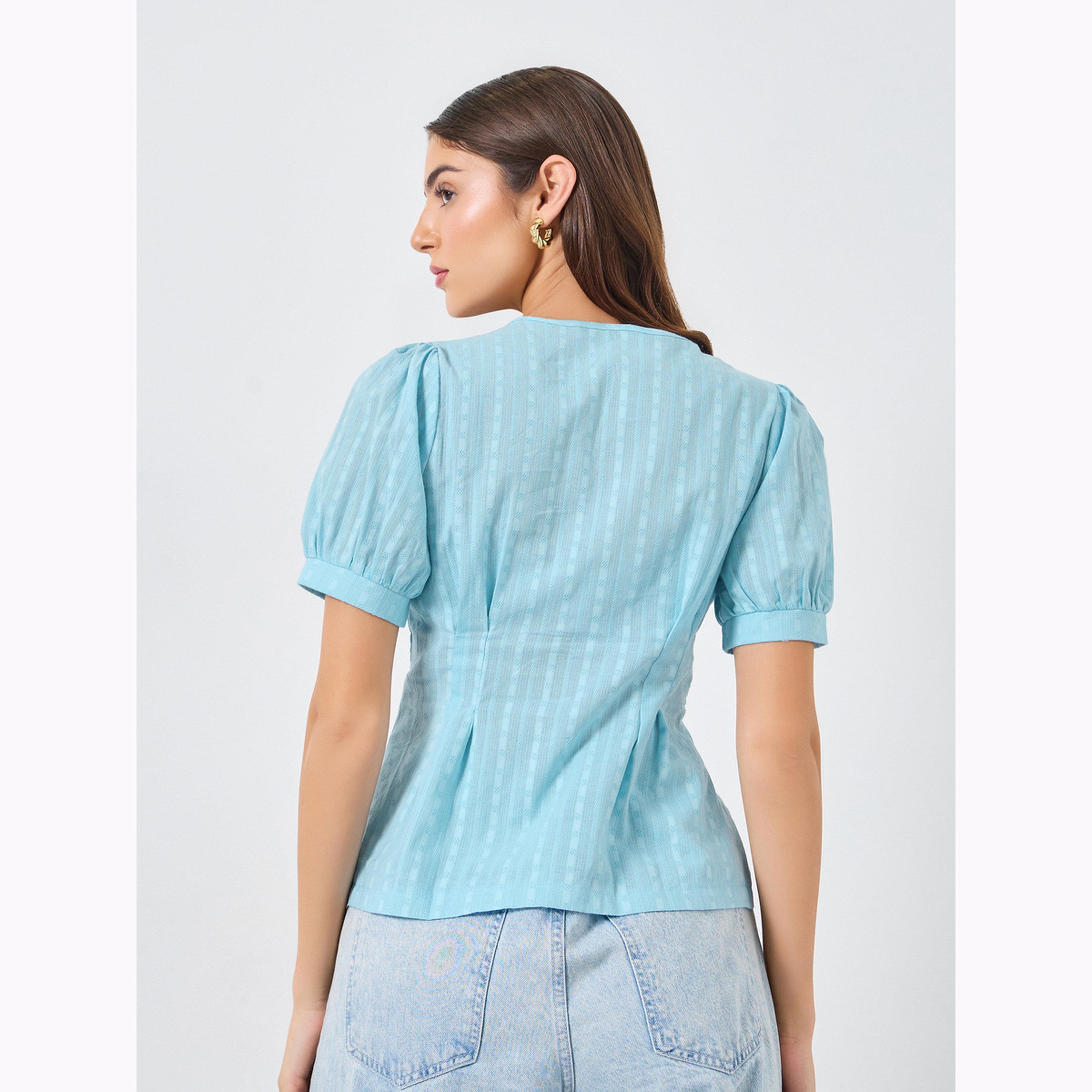 Take Two Light Blue Texture Puff Sleeve Buttoned Top-women-clothing-shirtsandblouses-blouses-image-4