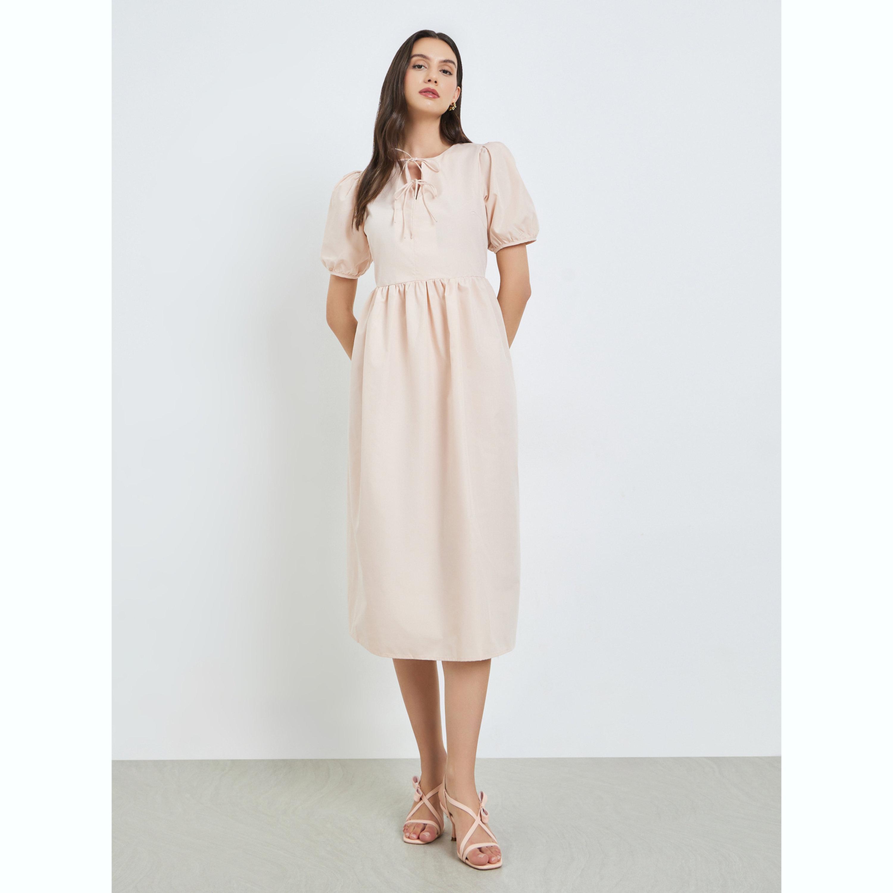 فستان ميدي بياقة برباط وأكمام منفوخة-women-clothing-dresses-image-1