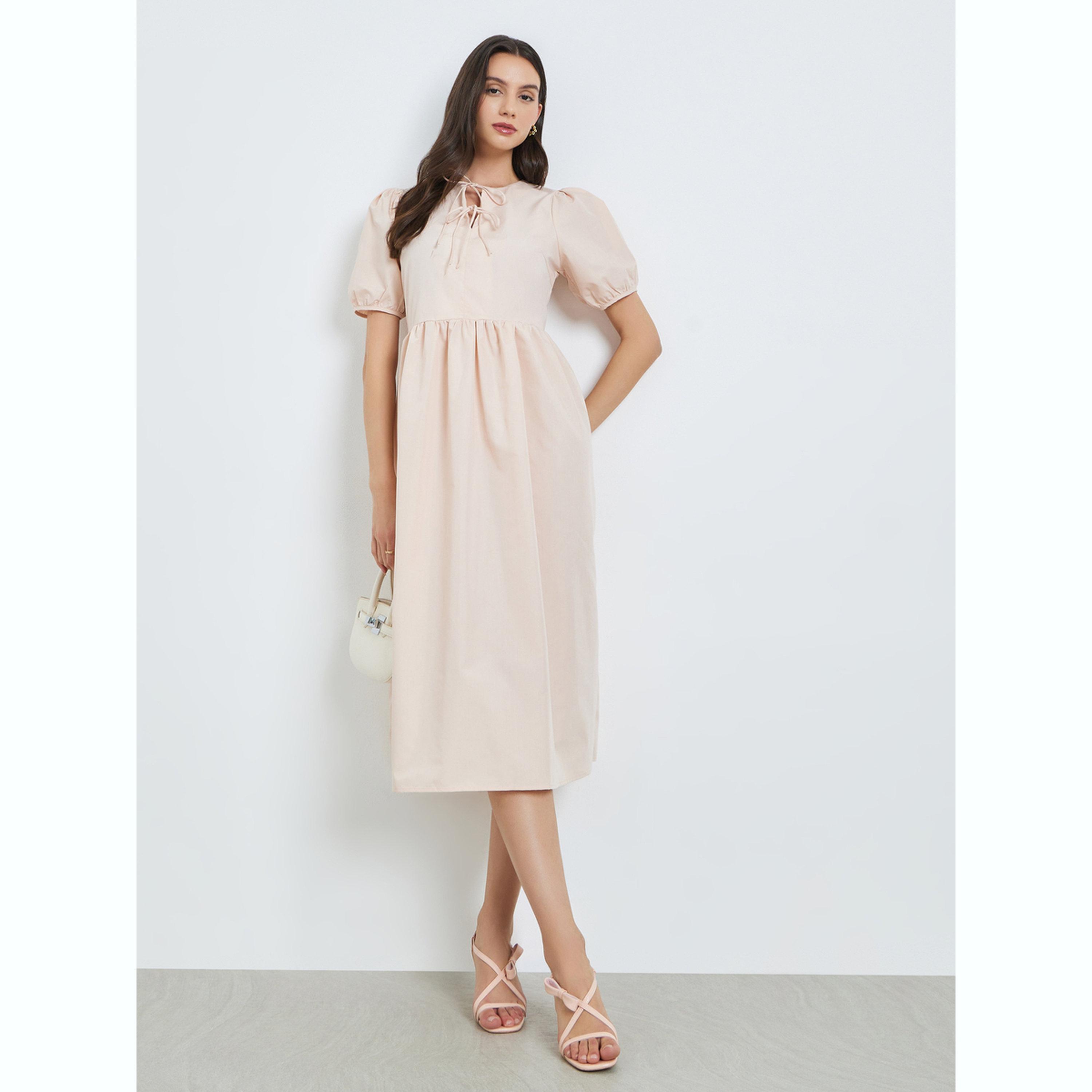 فستان ميدي بياقة برباط وأكمام منفوخة-women-clothing-dresses-image-3