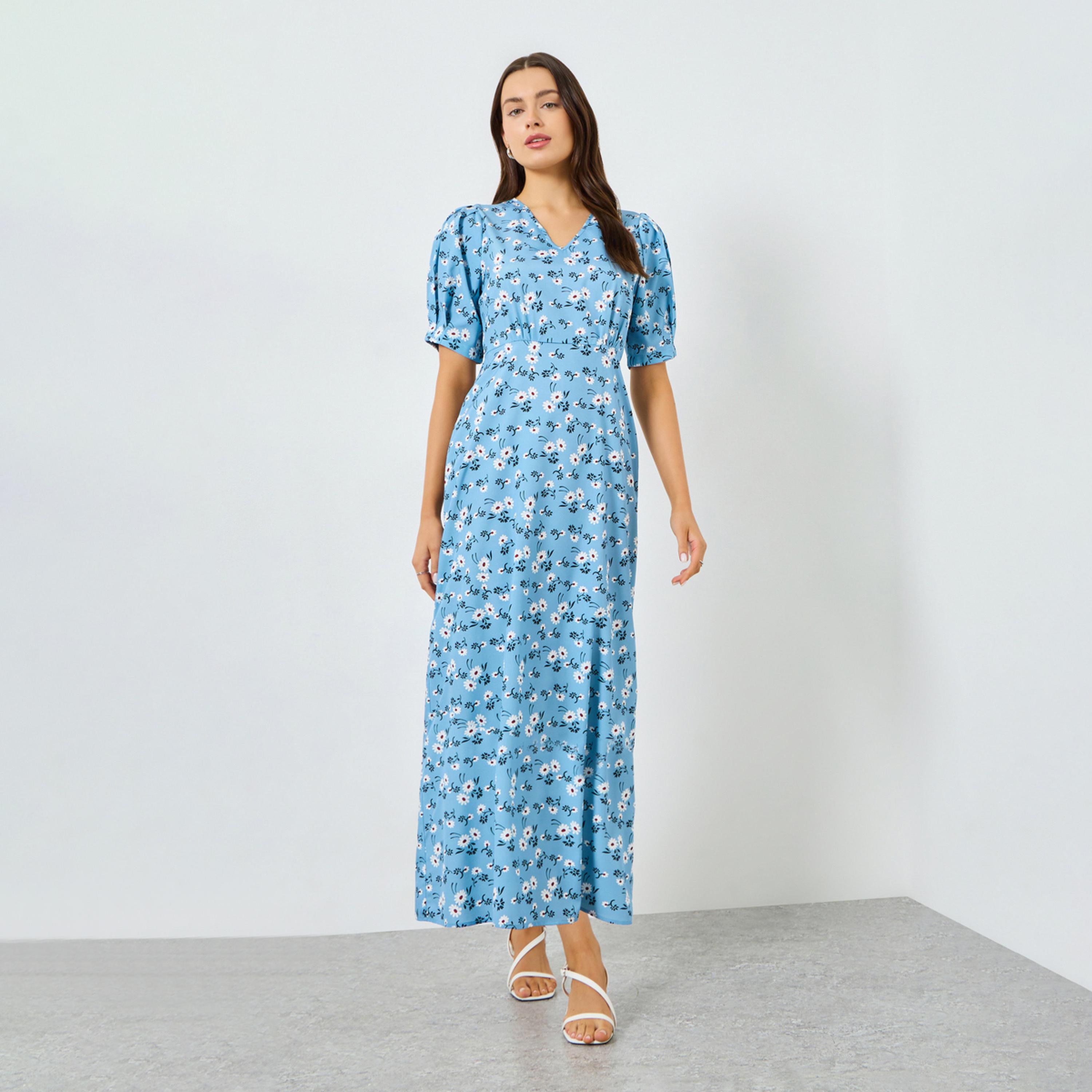 فستان طويل بنقشة الزهور وأكمام منفوخة-women-clothing-dresses-image-1