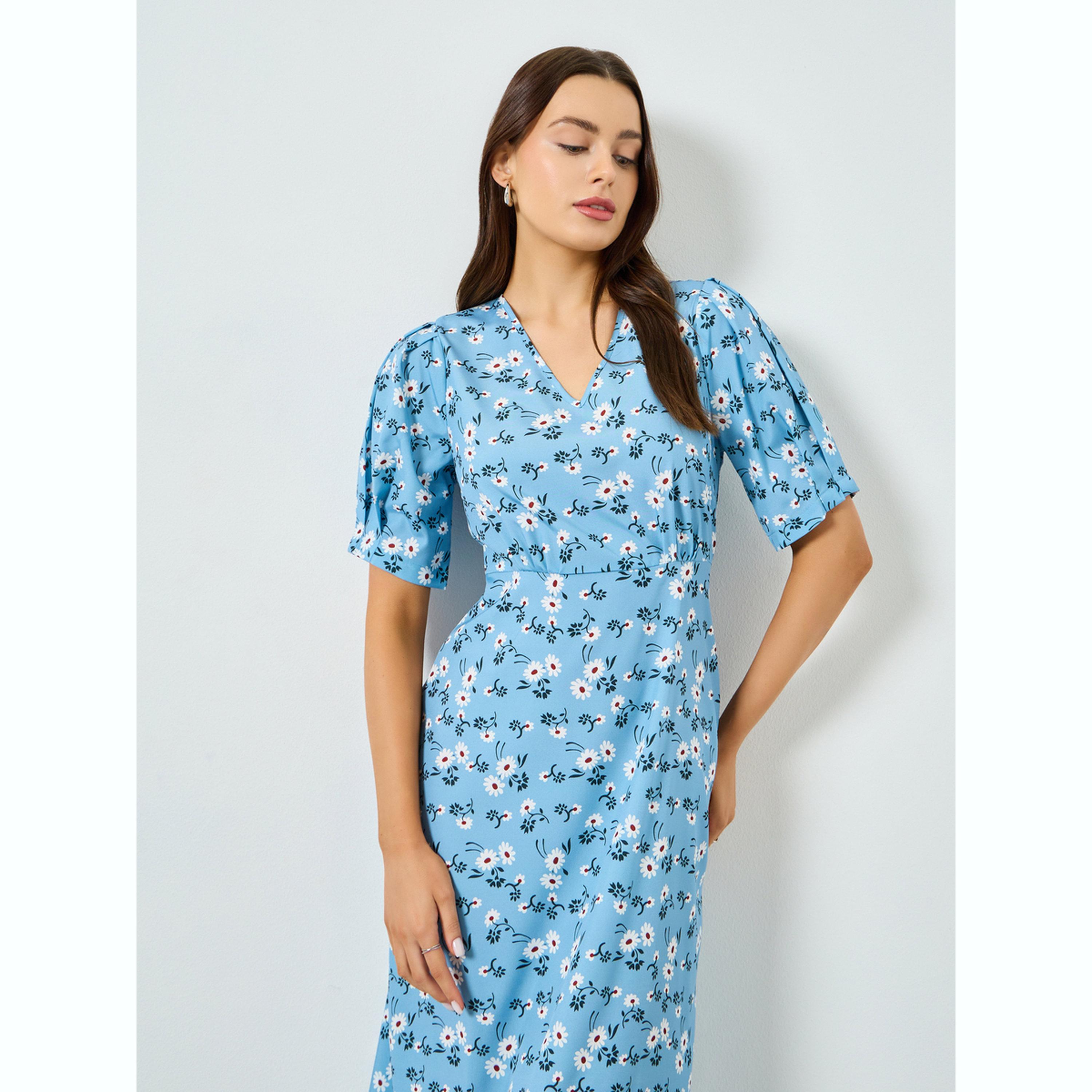 فستان طويل بنقشة الزهور وأكمام منفوخة-women-clothing-dresses-image-2