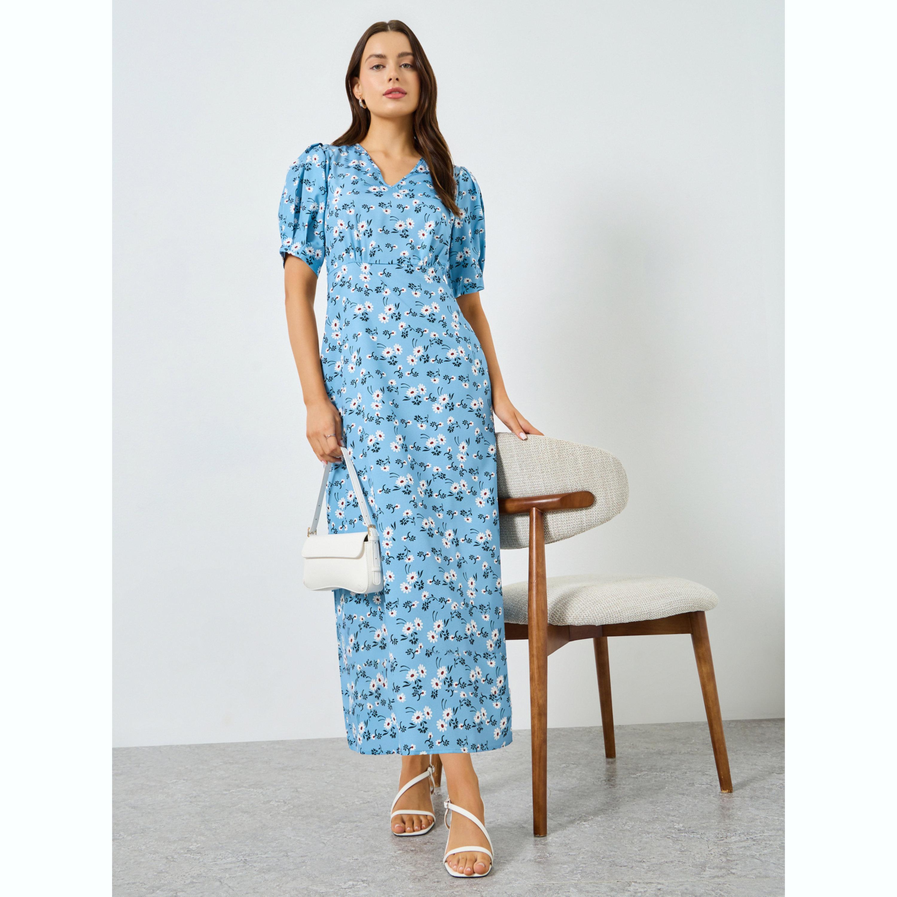 فستان طويل بنقشة الزهور وأكمام منفوخة-women-clothing-dresses-image-3