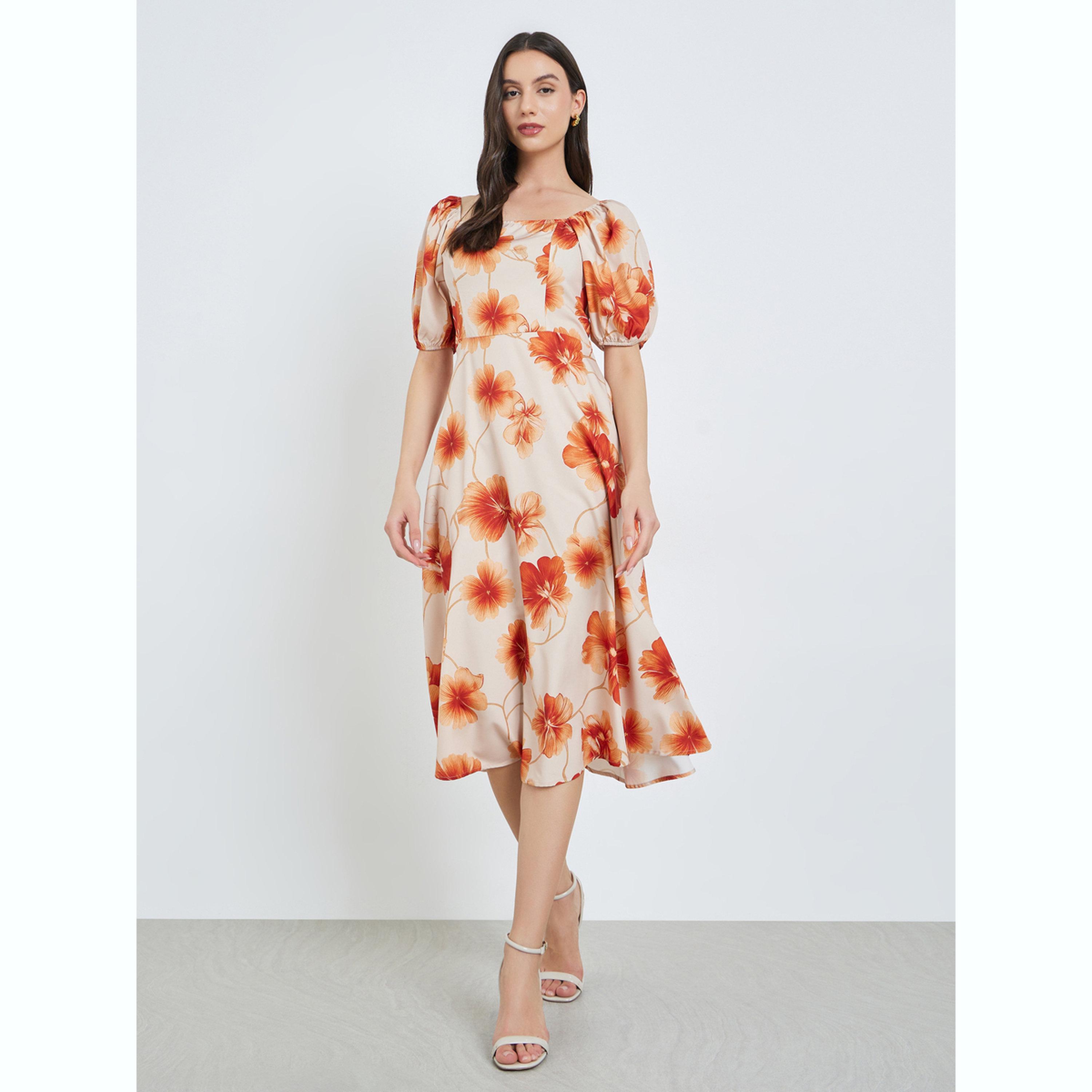 فستان ميدي بنقشة الزهور وأكمام منفوخة-women-clothing-dresses-image-1