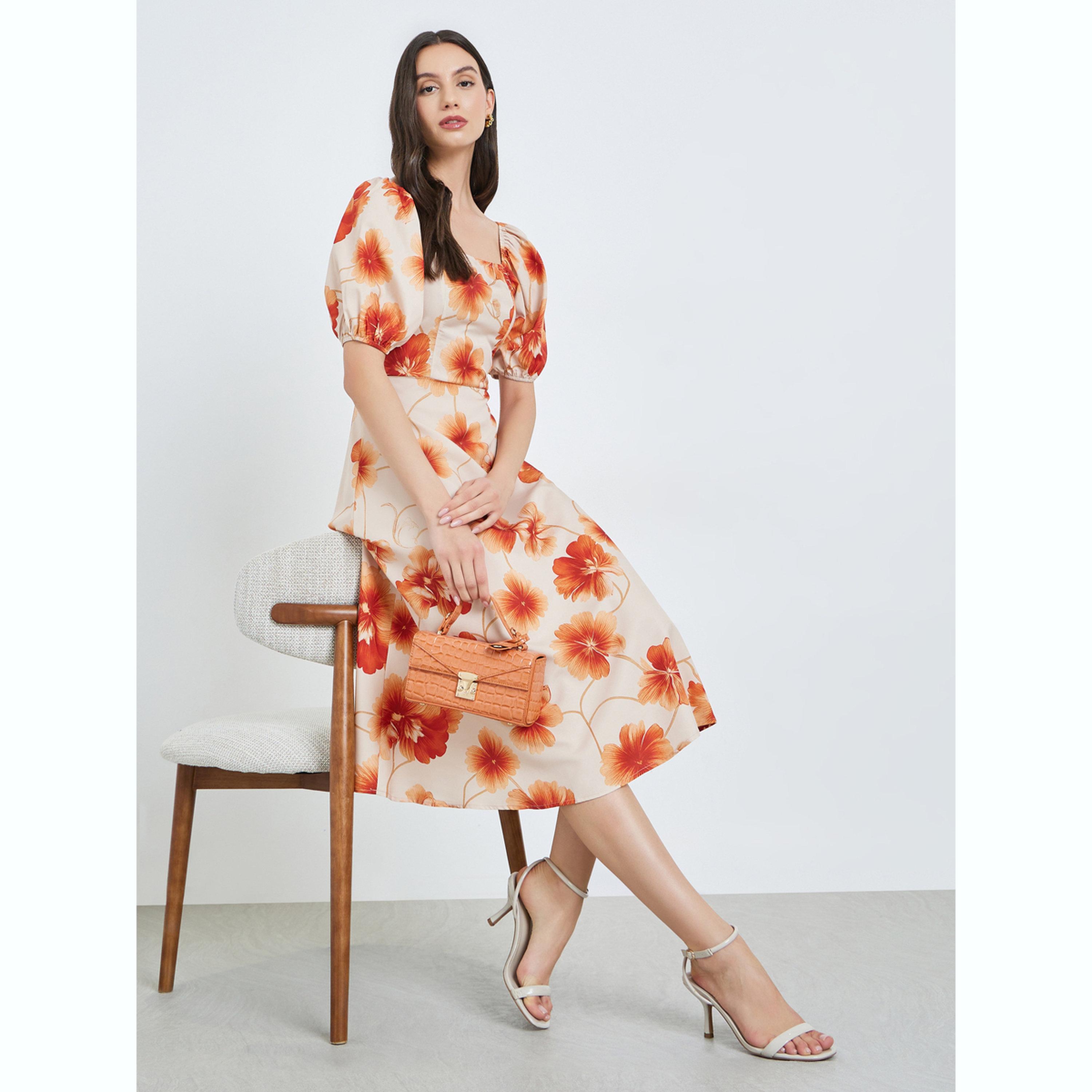 فستان ميدي بنقشة الزهور وأكمام منفوخة-women-clothing-dresses-image-2