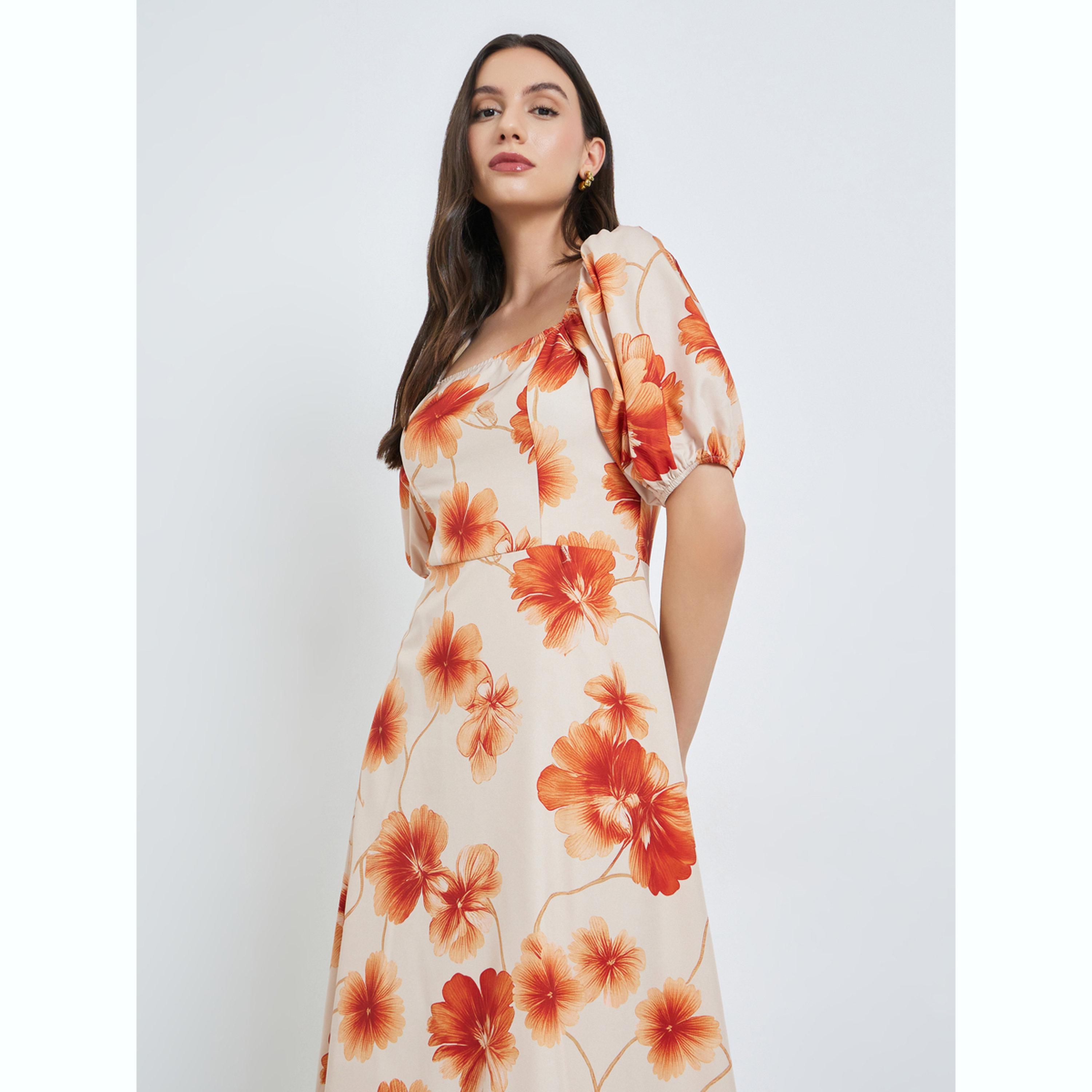 فستان ميدي بنقشة الزهور وأكمام منفوخة-women-clothing-dresses-image-3