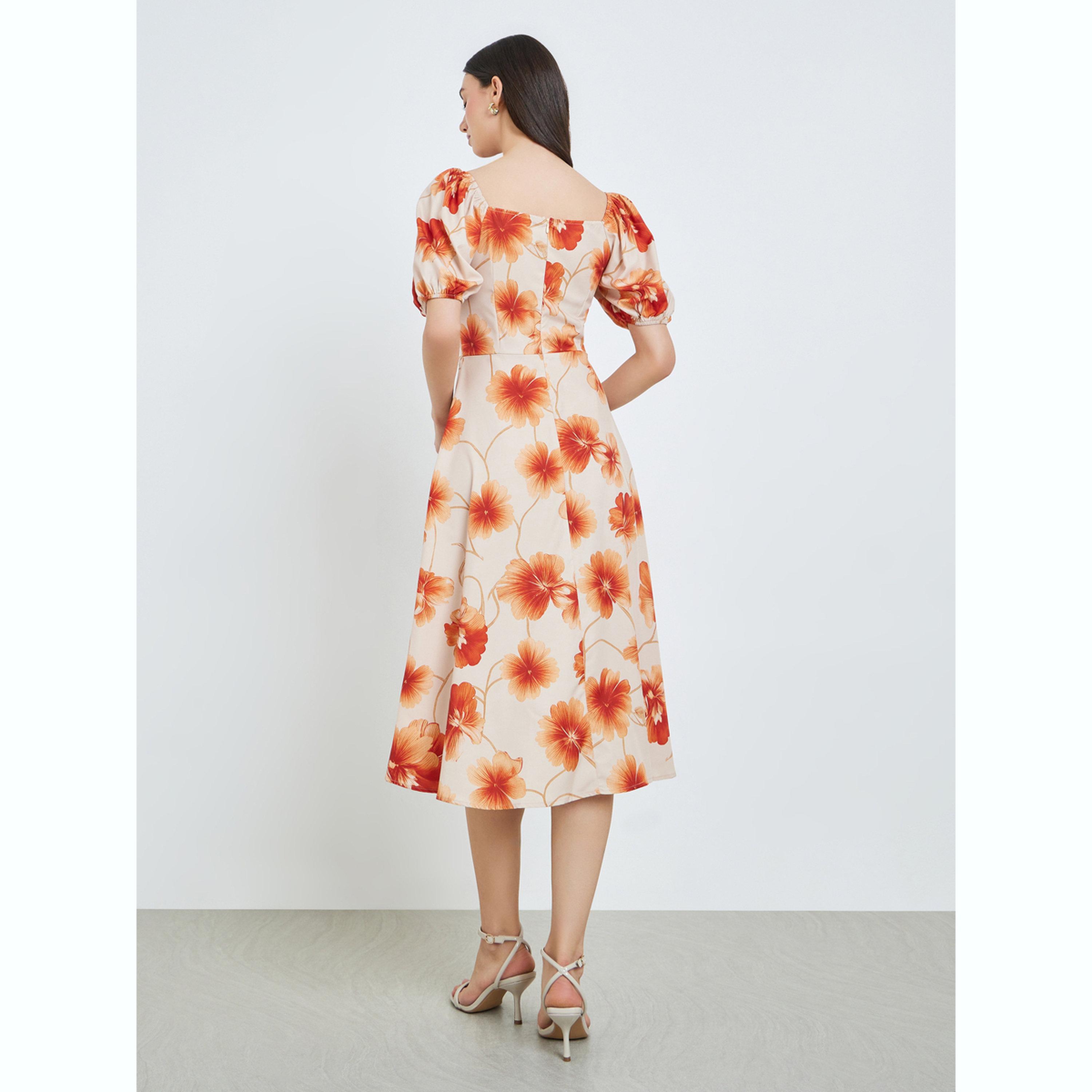 فستان ميدي بنقشة الزهور وأكمام منفوخة-women-clothing-dresses-image-4