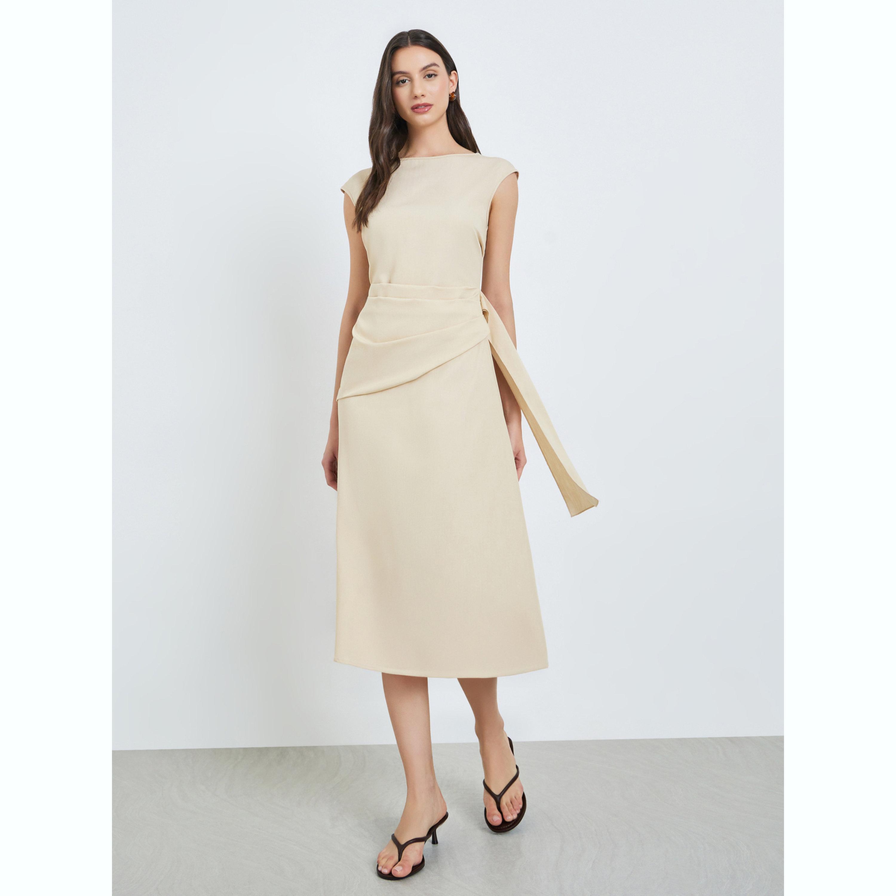 فستان ميدي سادة بأكمام منفوخة-women-clothing-dresses-image-1