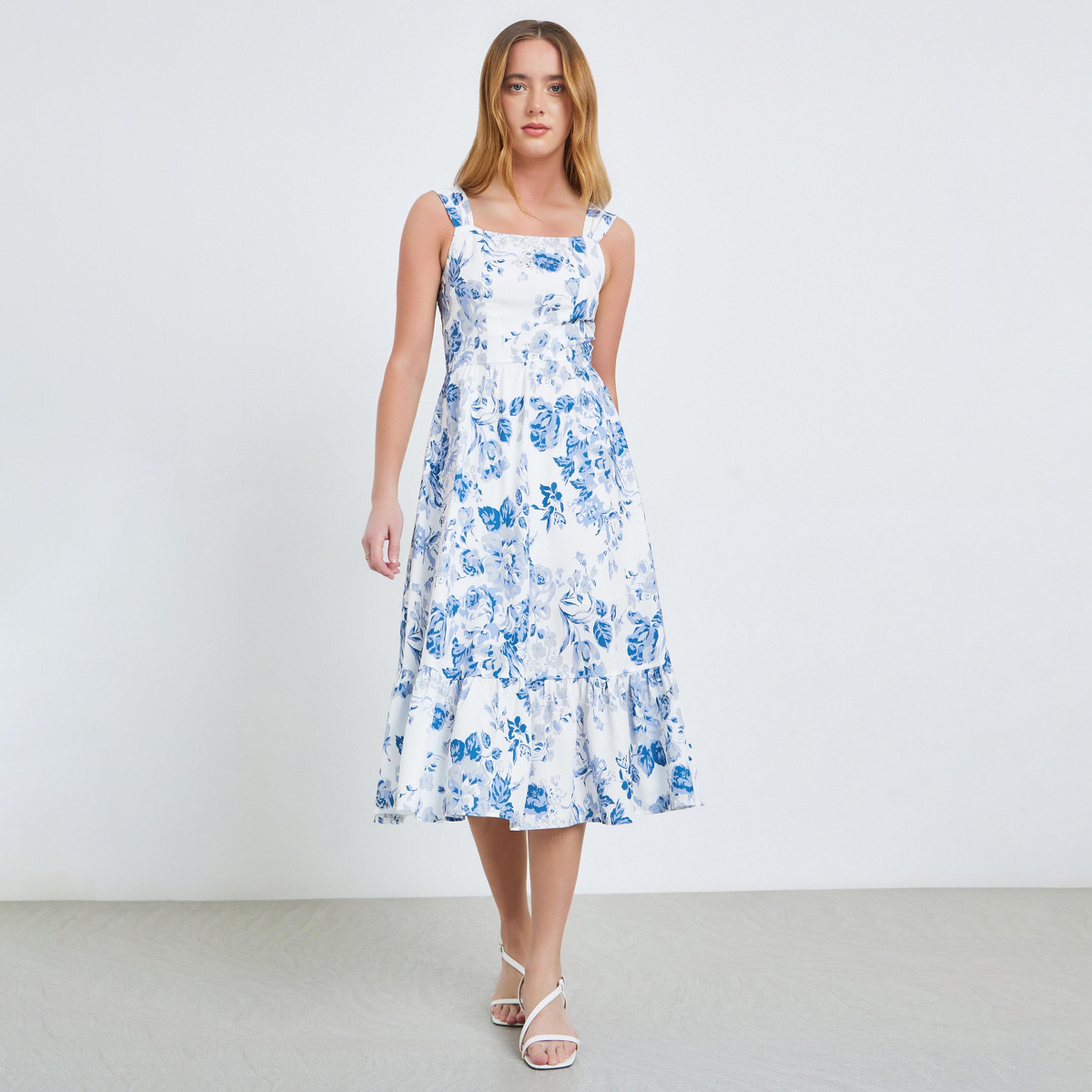 فستان ميدي بحمالات وياقة مربعة ونقشة الزهور-women-clothing-dresses-image-1