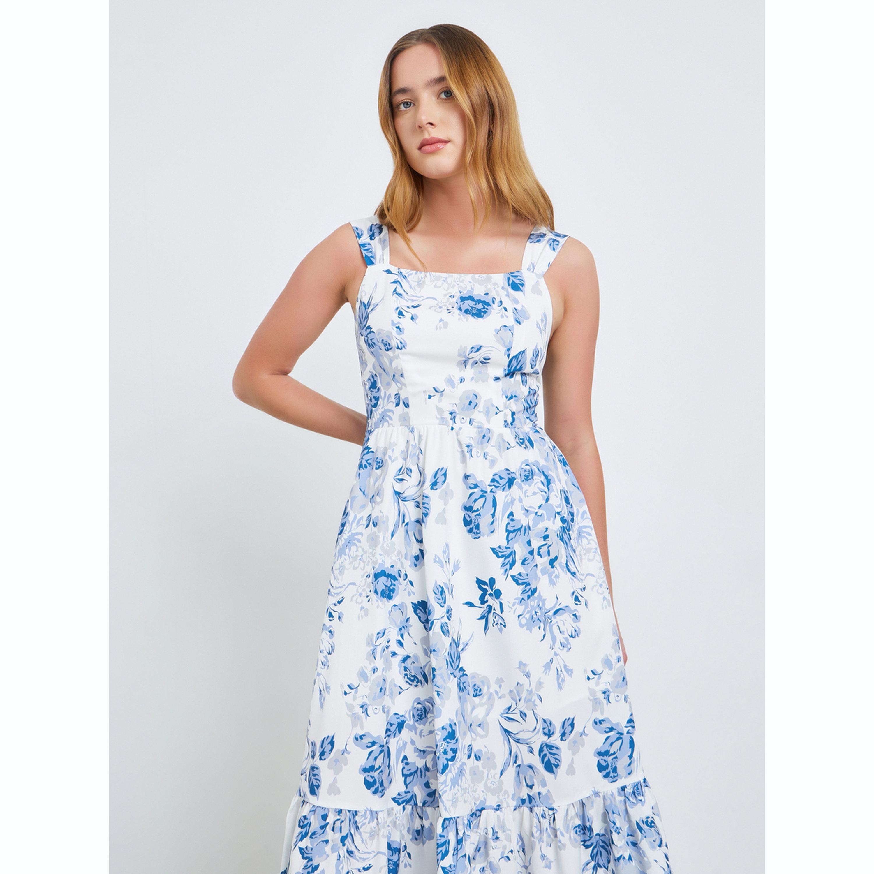 فستان ميدي بحمالات وياقة مربعة ونقشة الزهور-women-clothing-dresses-image-2