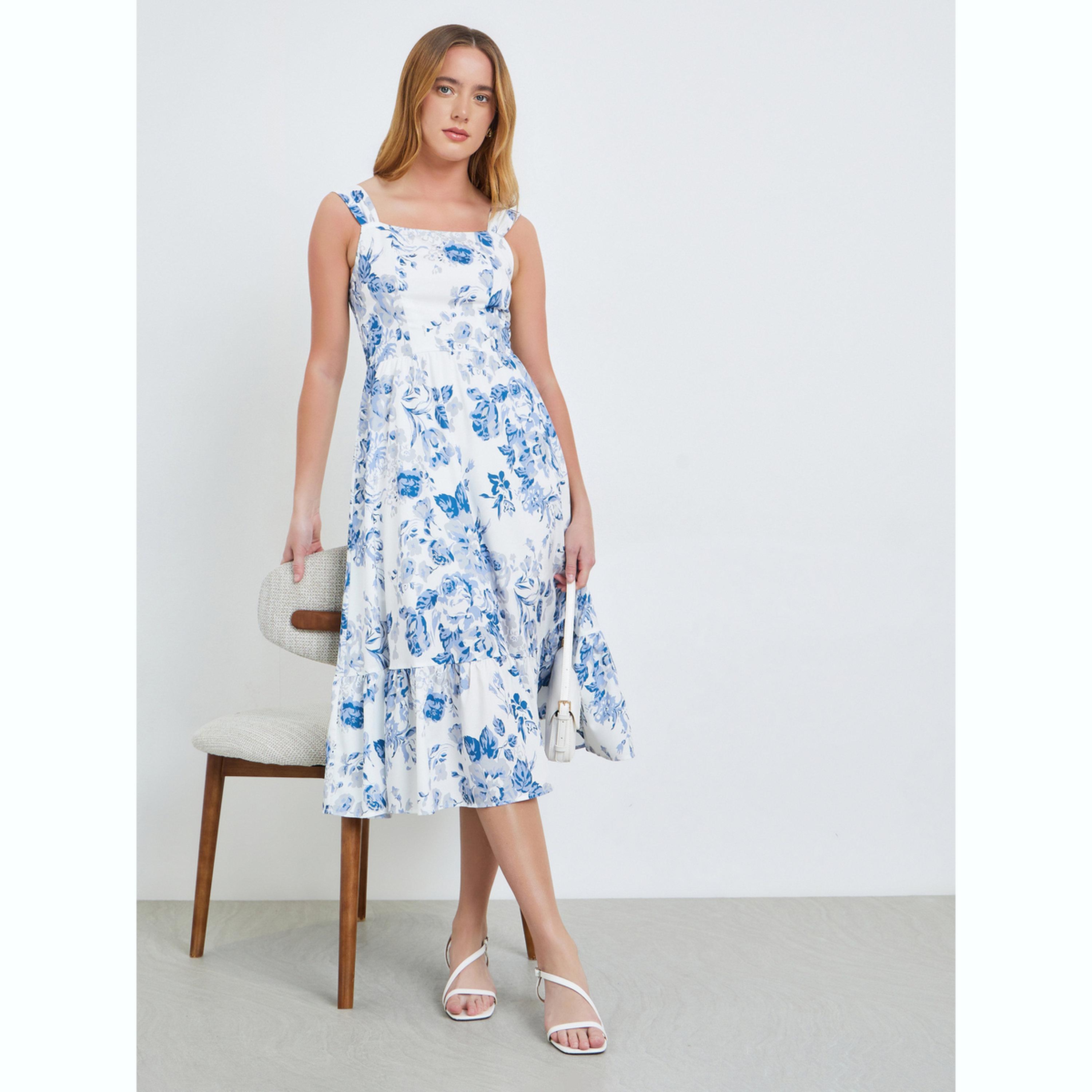 فستان ميدي بحمالات وياقة مربعة ونقشة الزهور-women-clothing-dresses-image-3