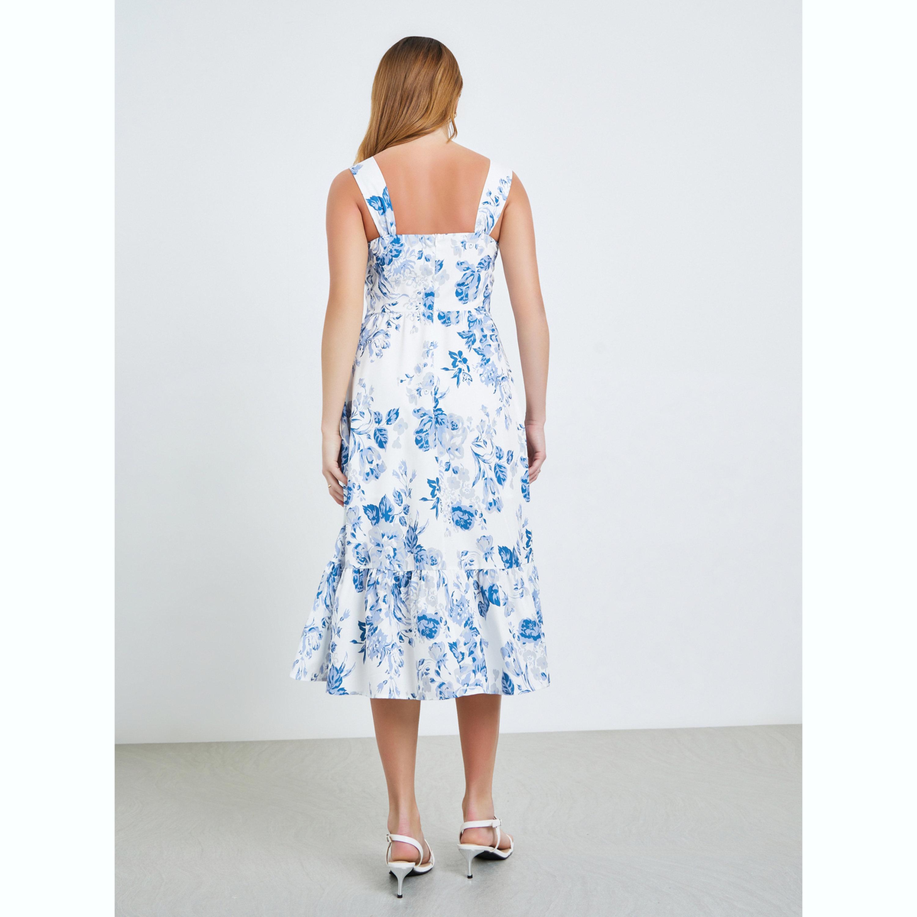 فستان ميدي بحمالات وياقة مربعة ونقشة الزهور-women-clothing-dresses-image-4