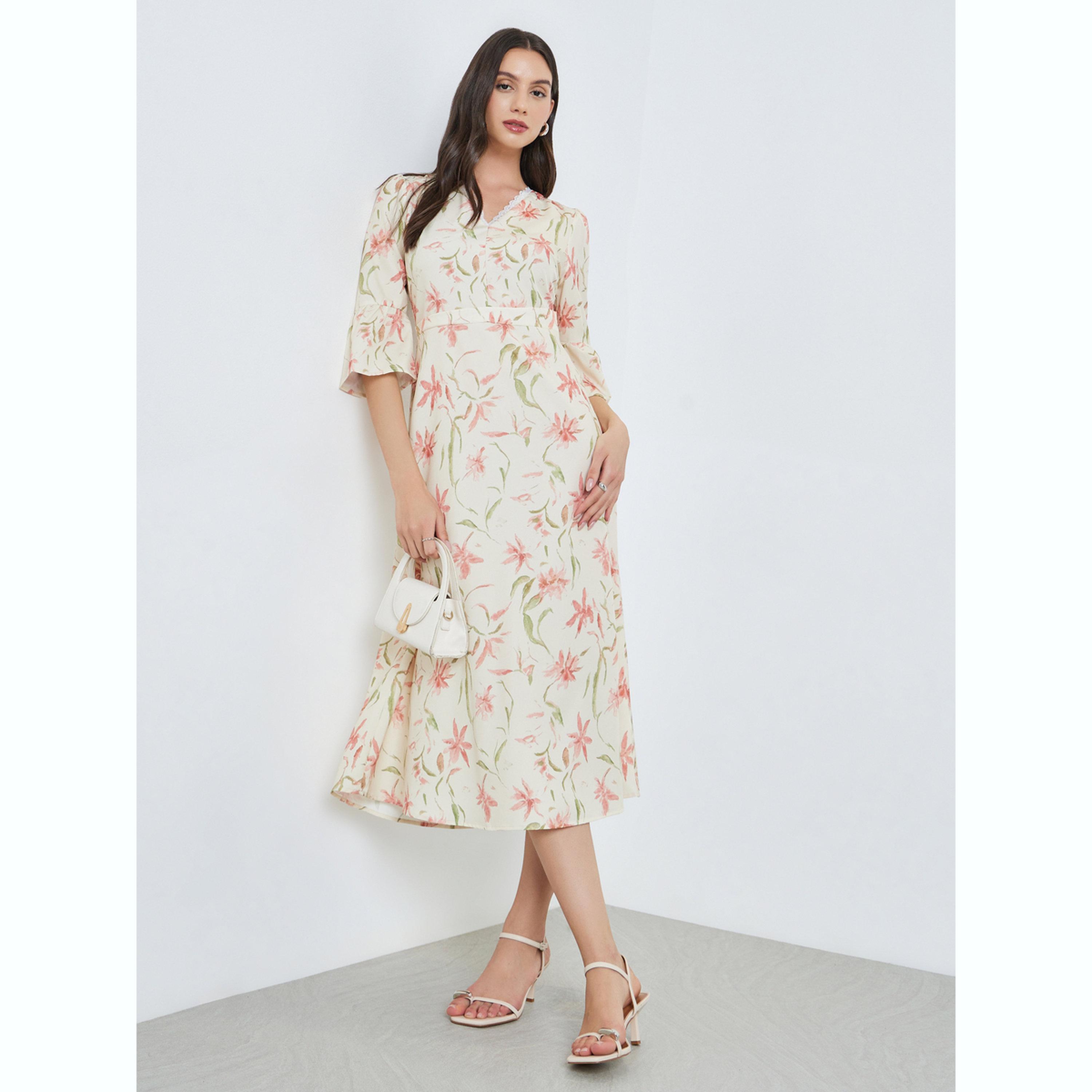 فستان ميدي بنقشة الزهور وأكمام 3/4-women-clothing-dresses-image-1