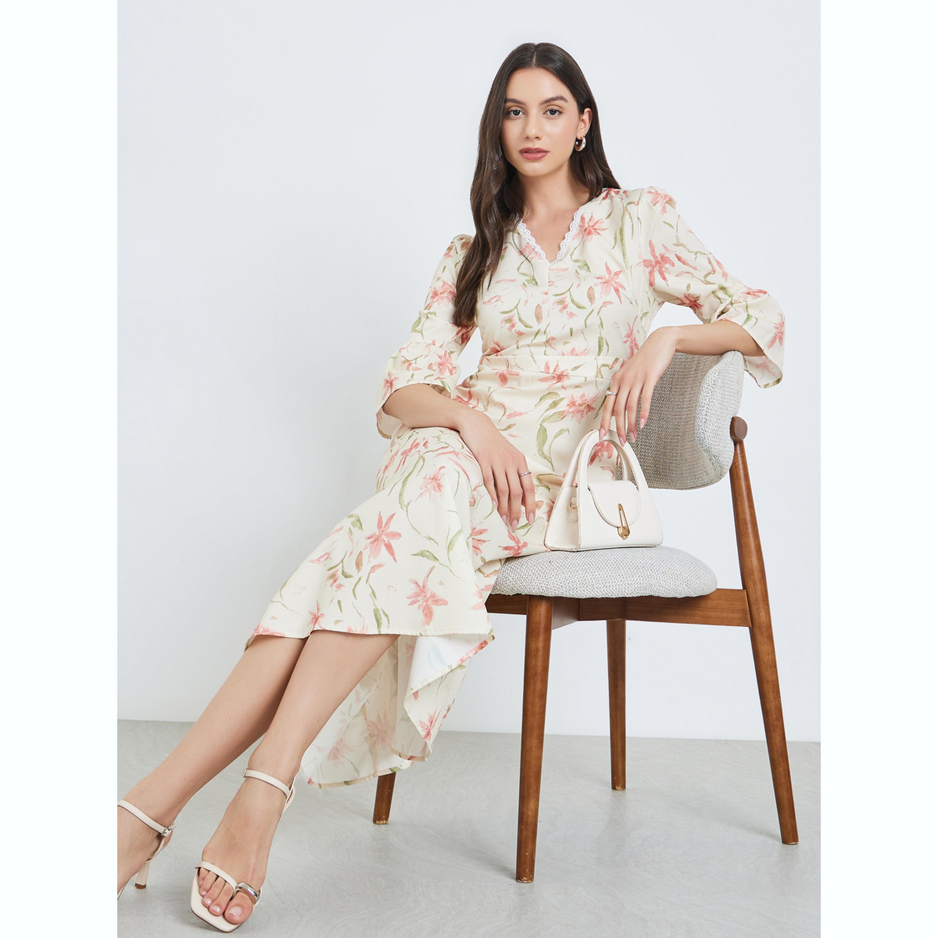 فستان ميدي بنقشة الزهور وأكمام 3/4-women-clothing-dresses-image-2