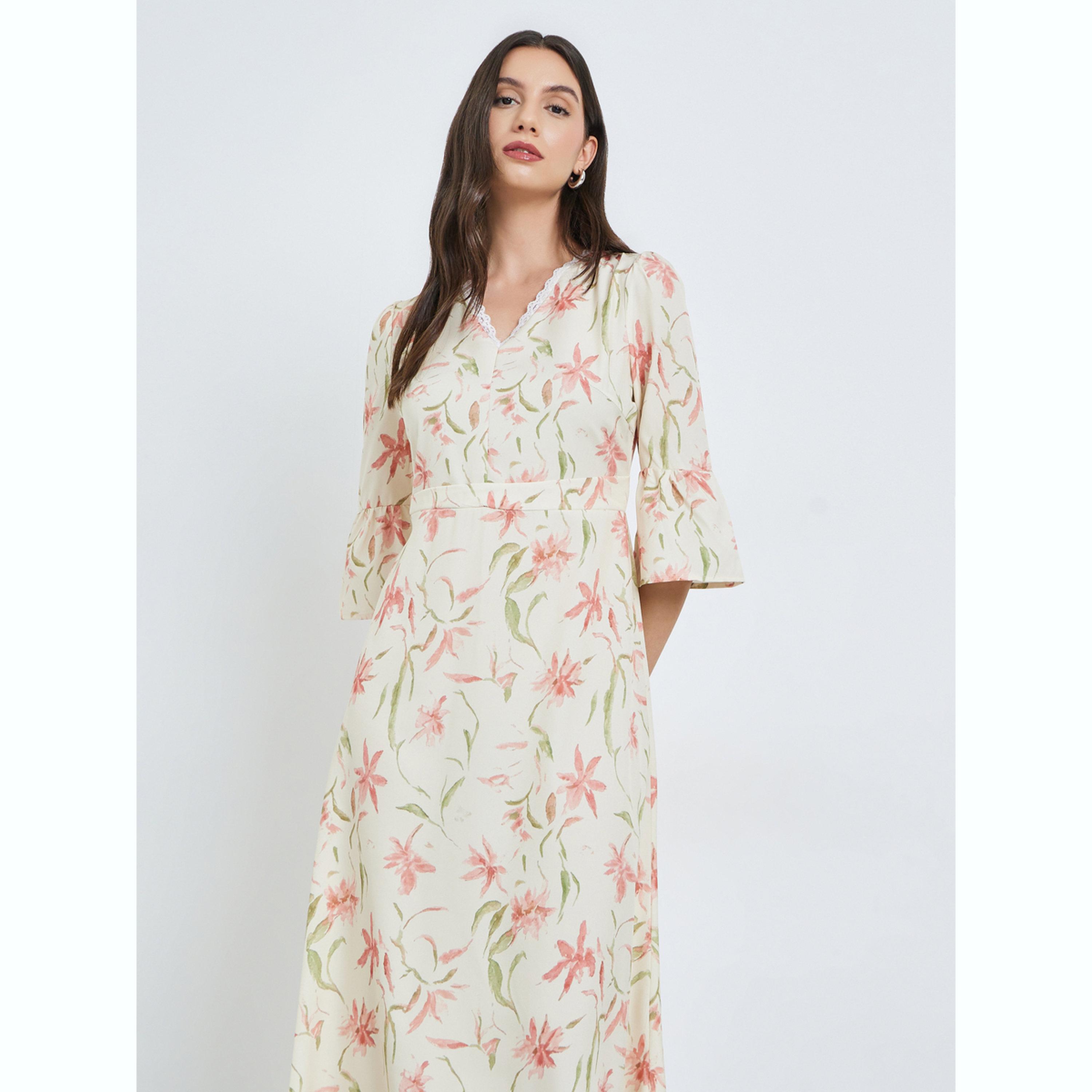فستان ميدي بنقشة الزهور وأكمام 3/4-women-clothing-dresses-image-3