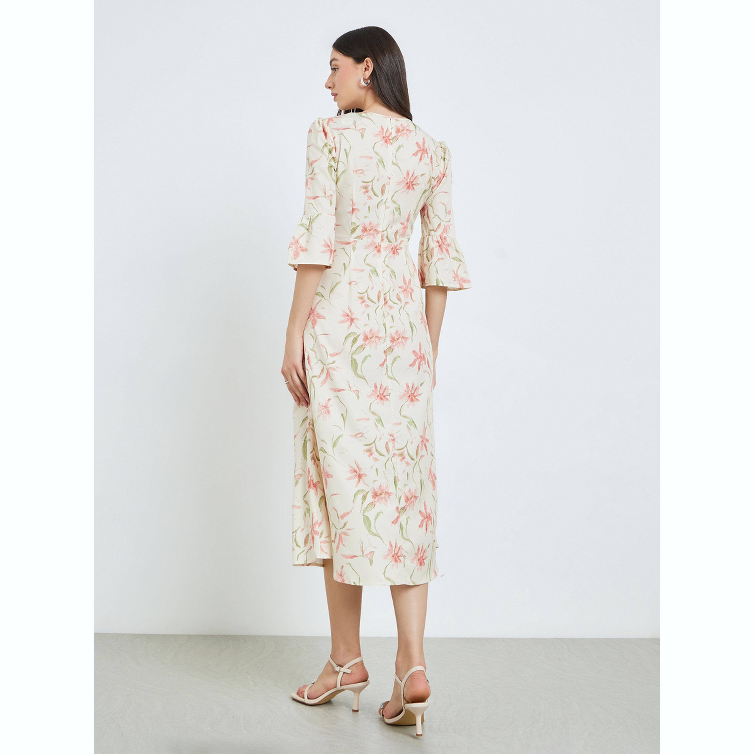 فستان ميدي بنقشة الزهور وأكمام 3/4-women-clothing-dresses-image-4