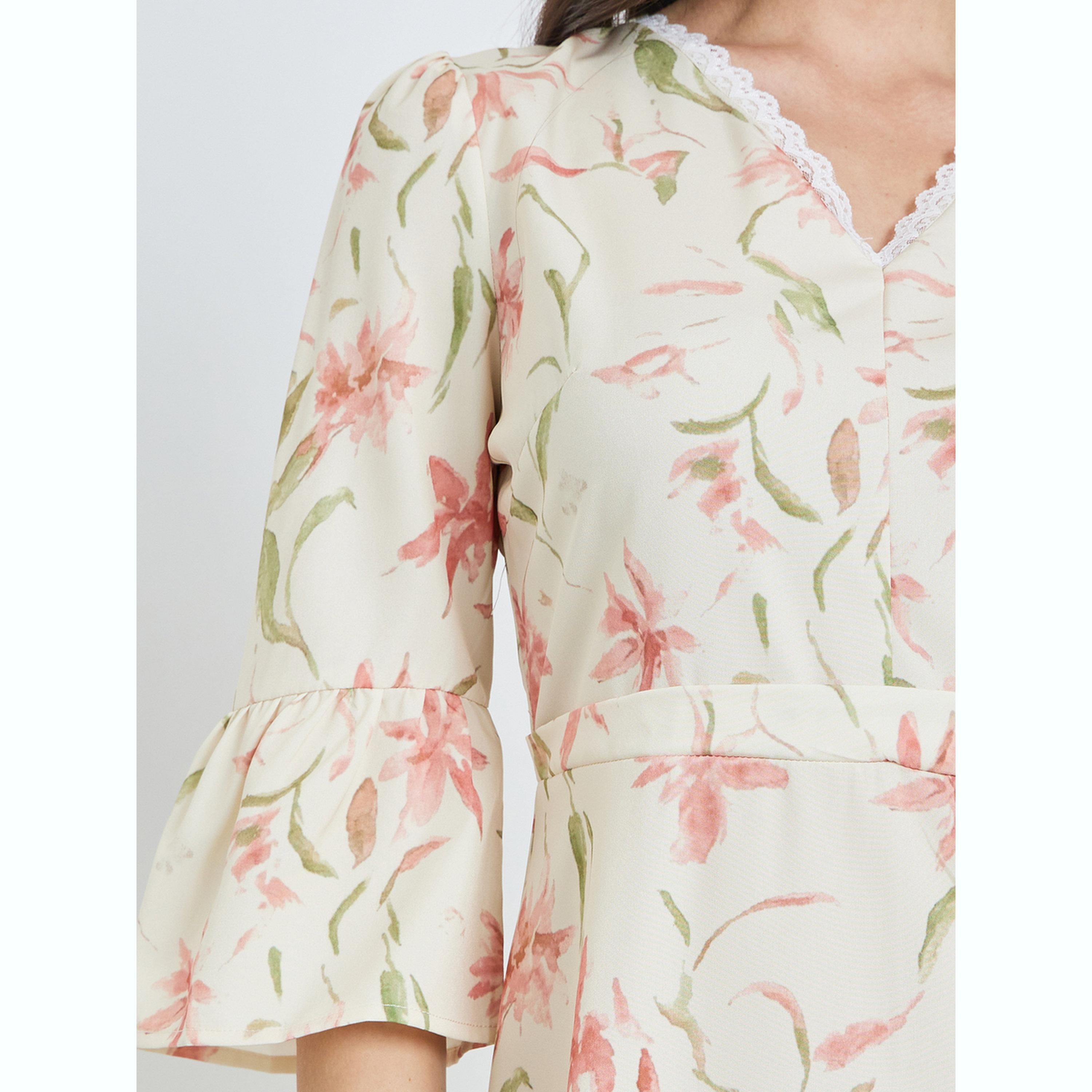 فستان ميدي بنقشة الزهور وأكمام 3/4-women-clothing-dresses-image-5