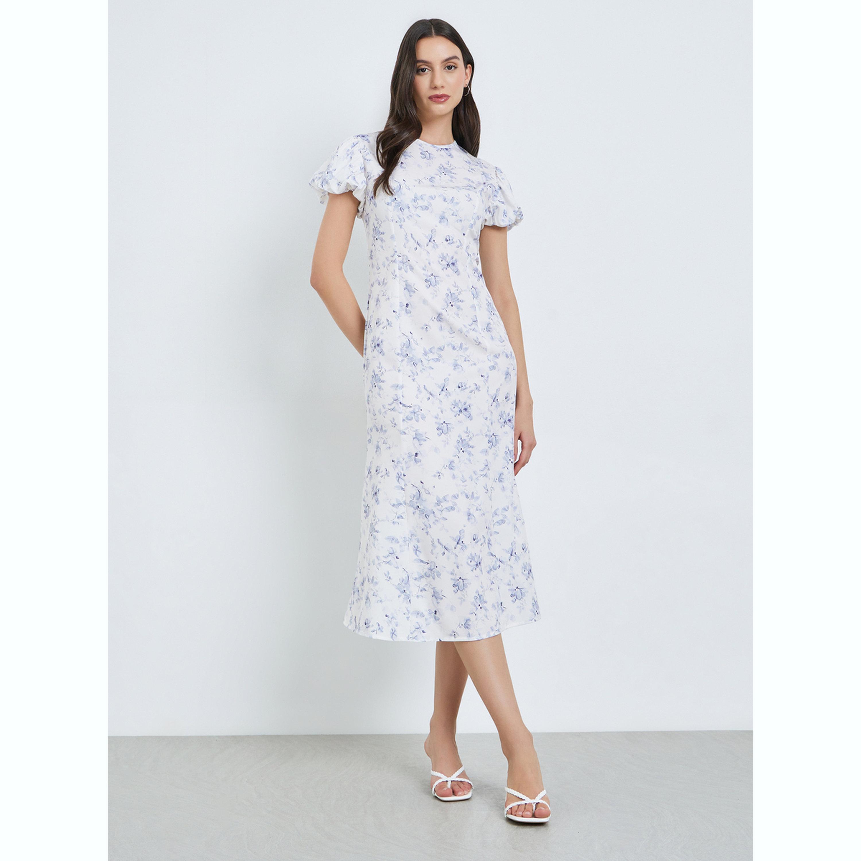 فستان ميدي بنقشة الزهور وأكمام منفوخة-women-clothing-dresses-image-1