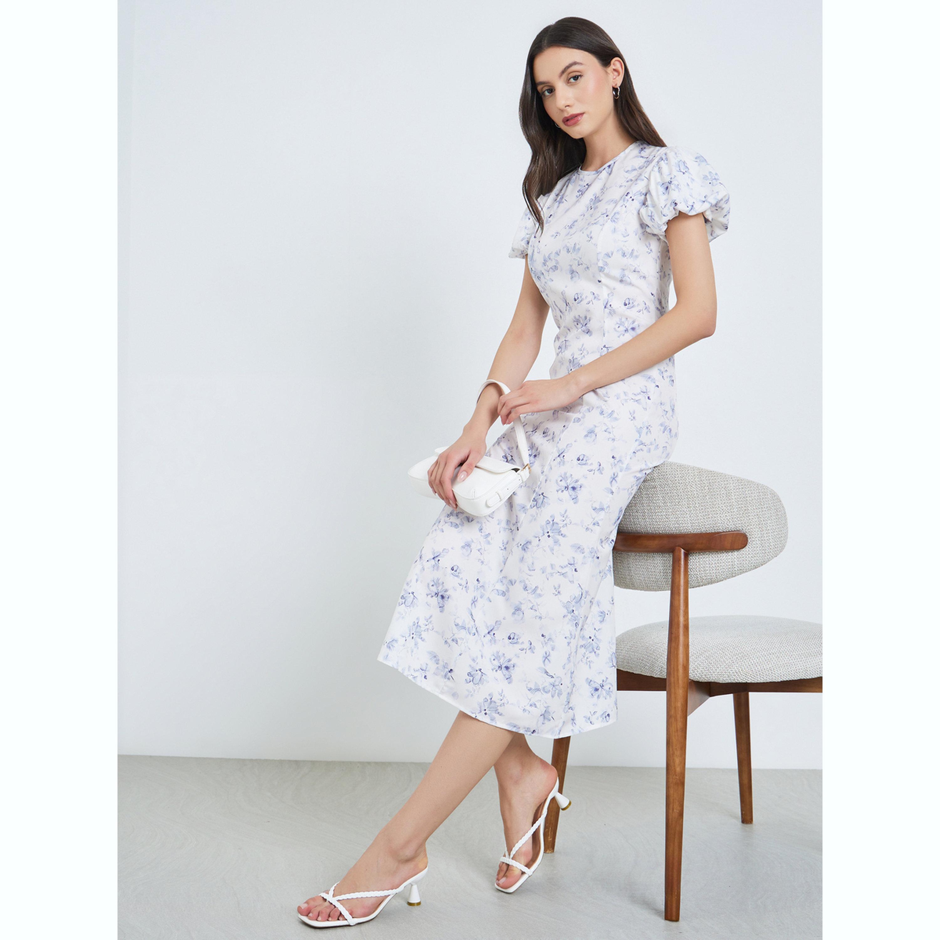 فستان ميدي بنقشة الزهور وأكمام منفوخة-women-clothing-dresses-image-2