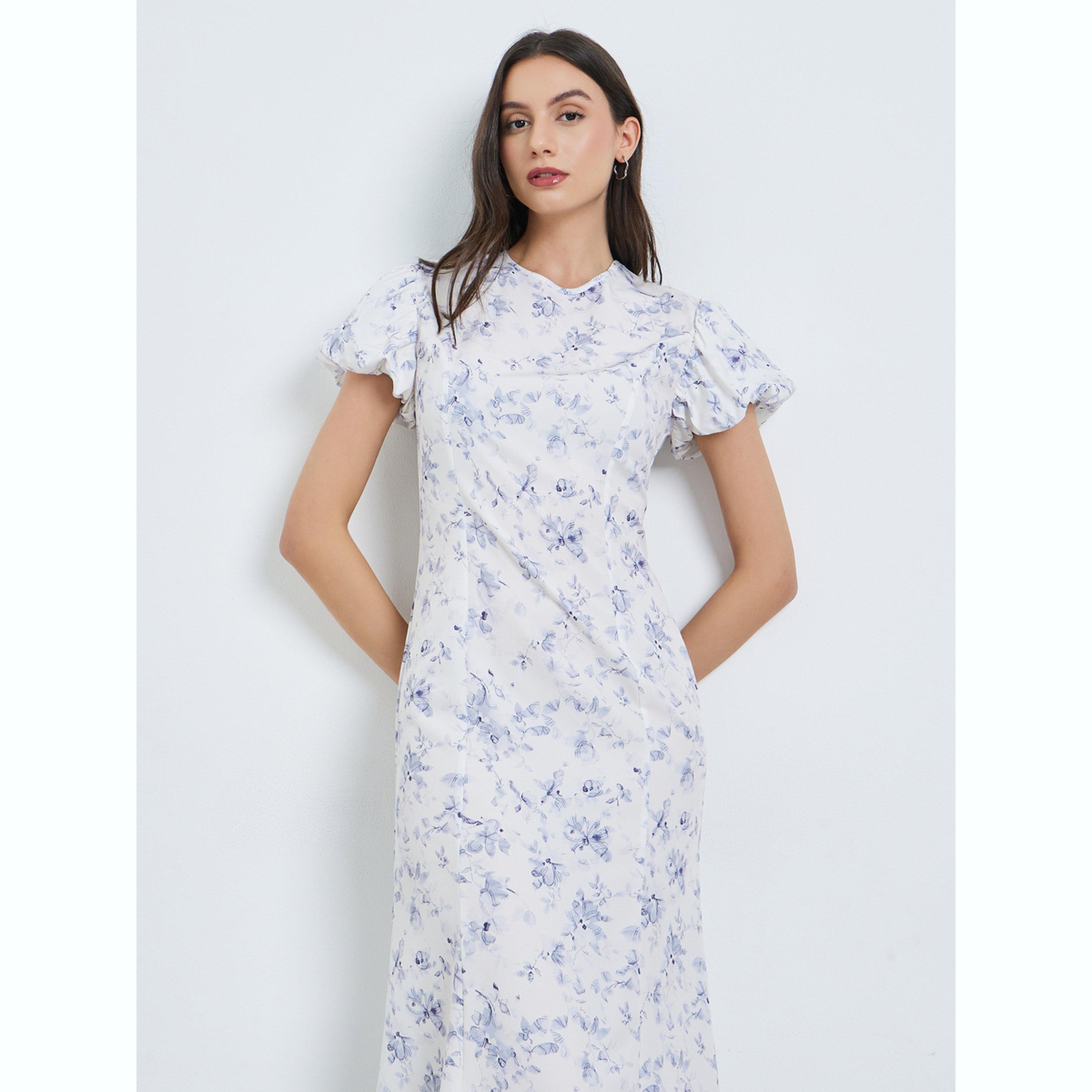 فستان ميدي بنقشة الزهور وأكمام منفوخة-women-clothing-dresses-image-3