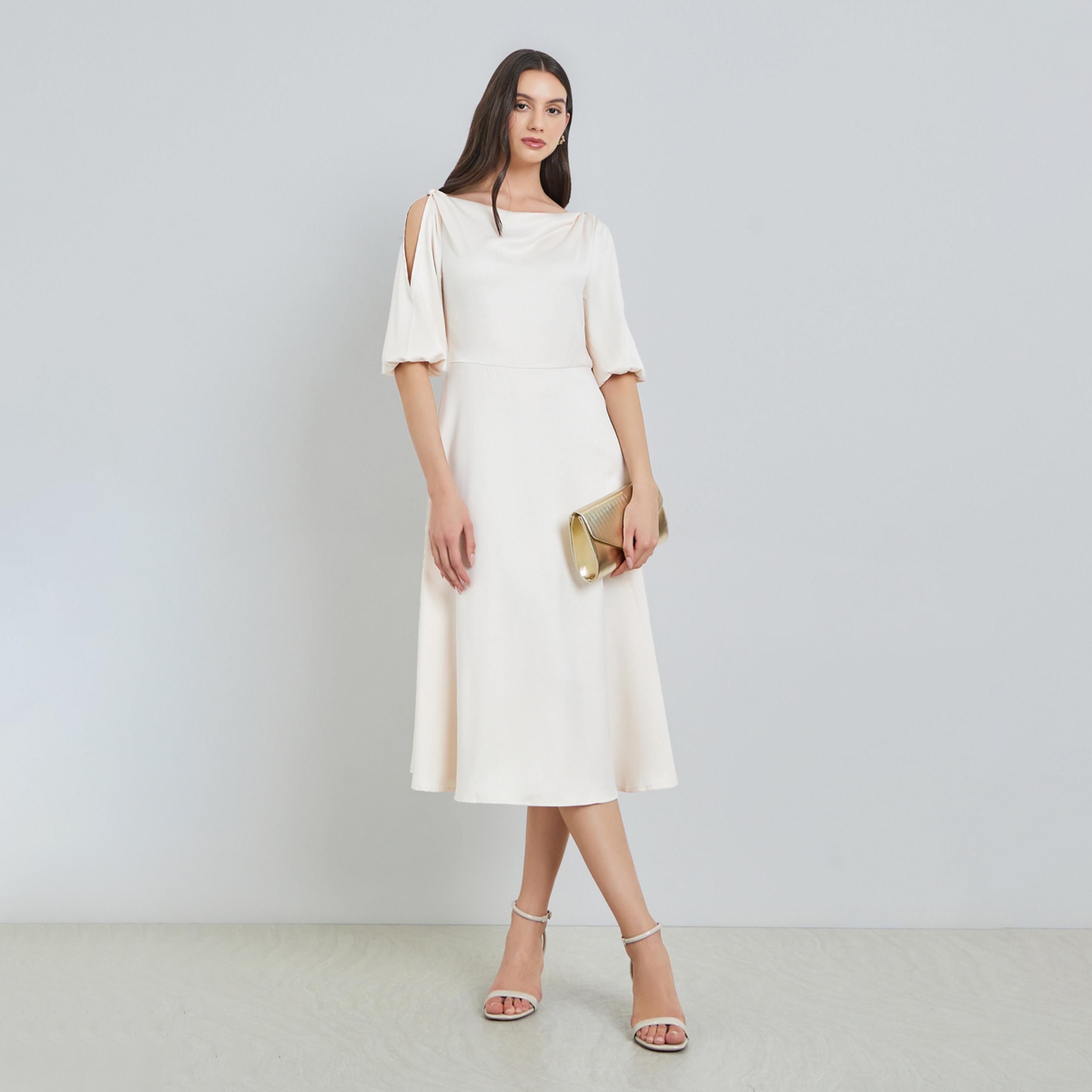 فستان ميدي سادة بياقة منسدلة-women-clothing-dresses-image-1