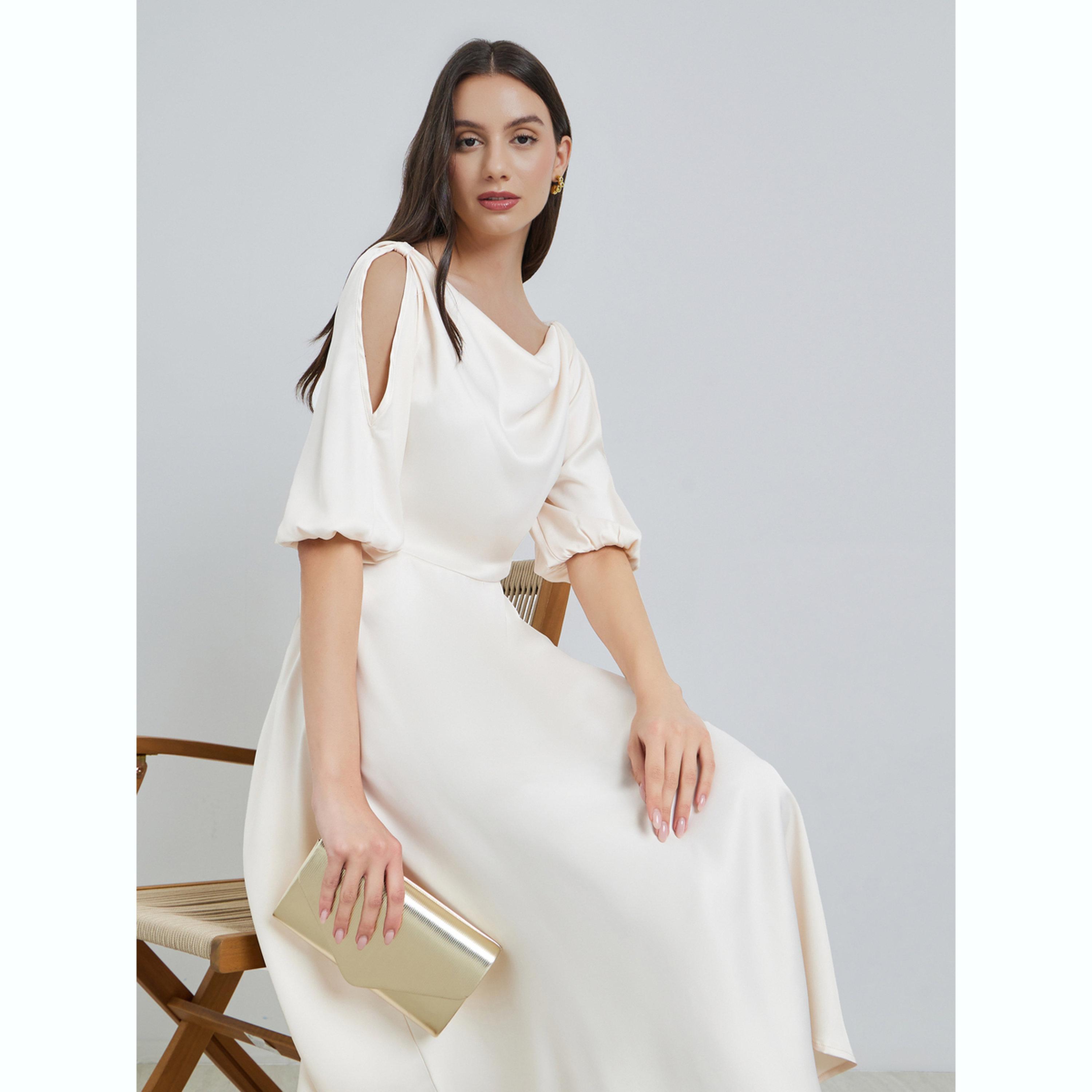 فستان ميدي سادة بياقة منسدلة-women-clothing-dresses-image-2
