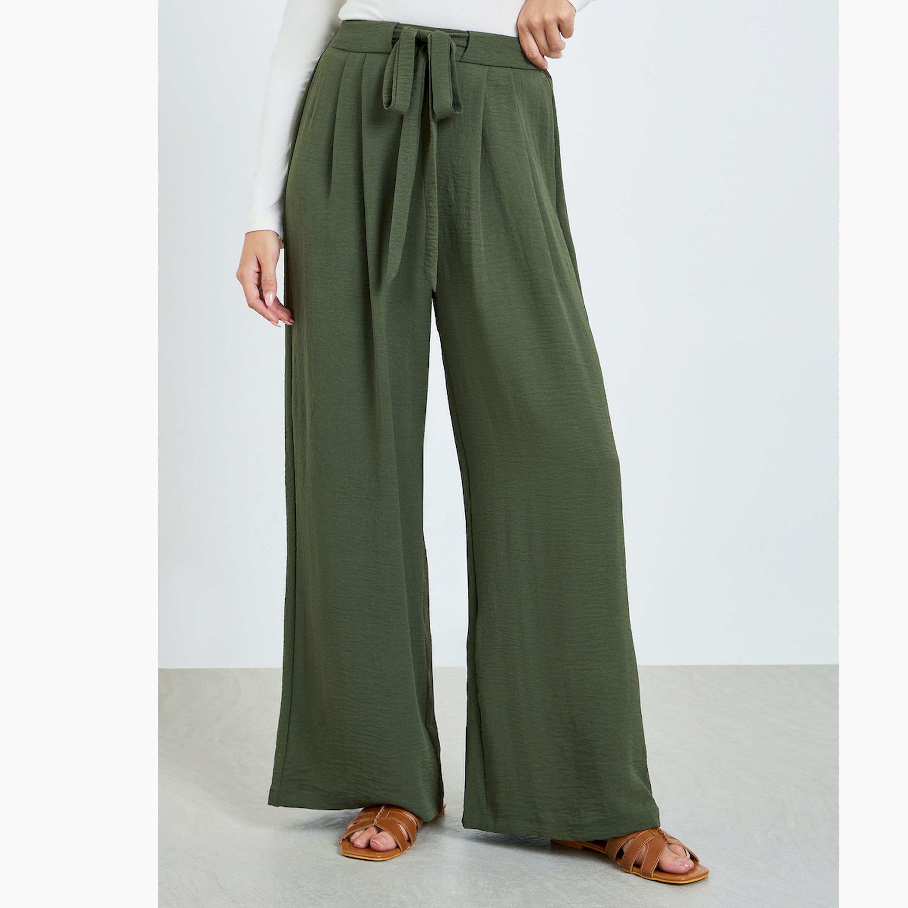 بنطال أخضر داكن واسع الساق بكسرات وبرباط-women-clothing-bottoms-trousers-image-1