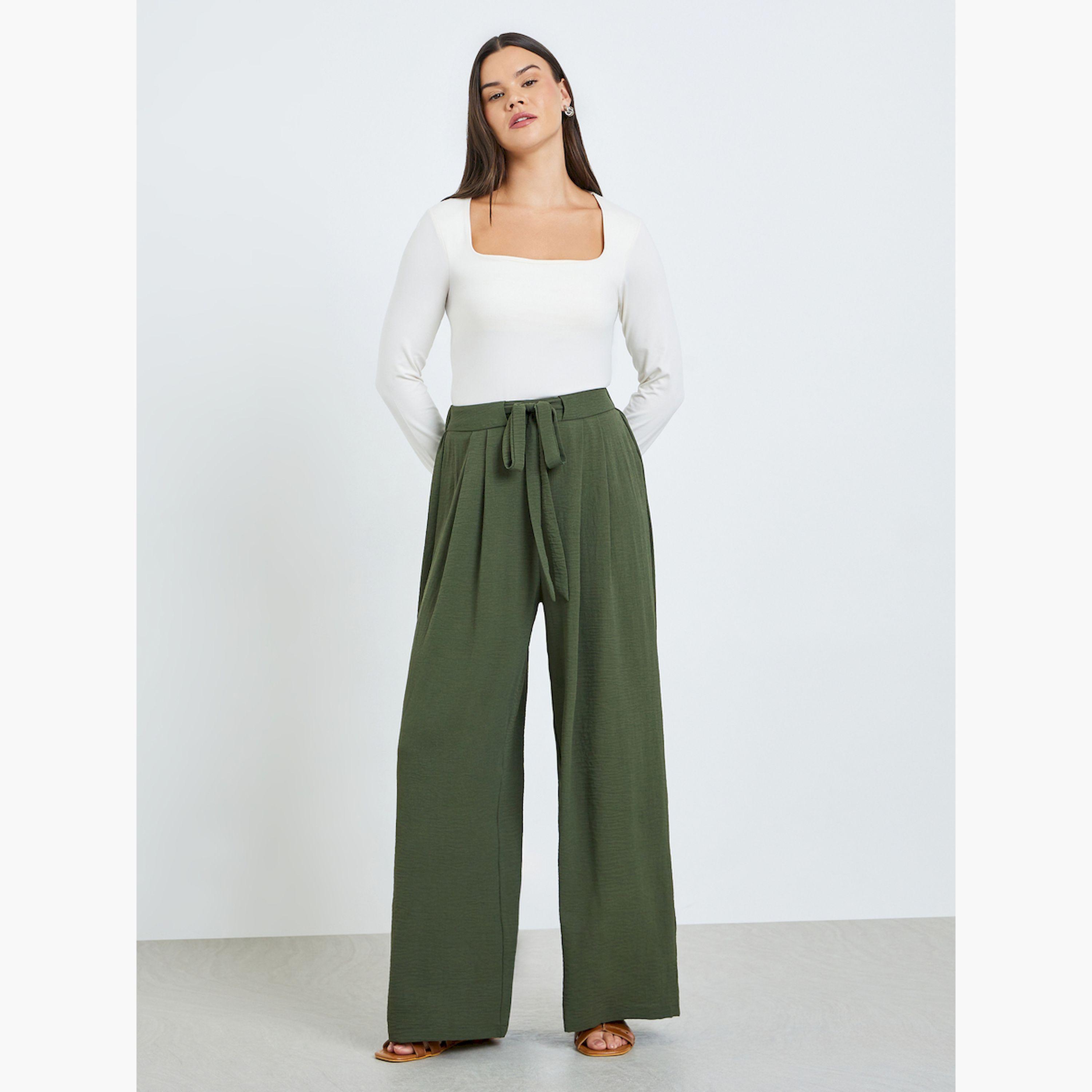 بنطال أخضر داكن واسع الساق بكسرات وبرباط-women-clothing-bottoms-trousers-image-2