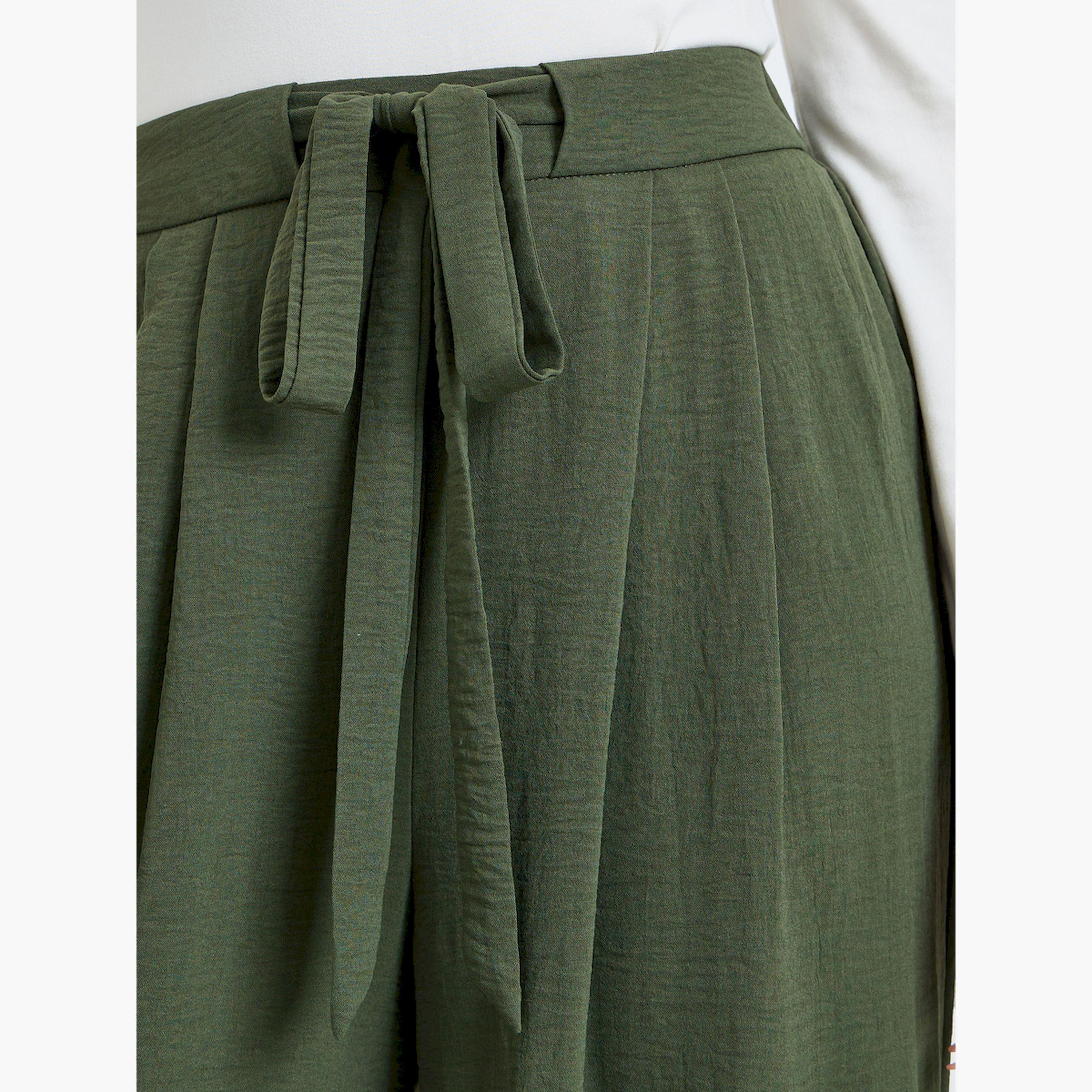 بنطال أخضر داكن واسع الساق بكسرات وبرباط-women-clothing-bottoms-trousers-image-3
