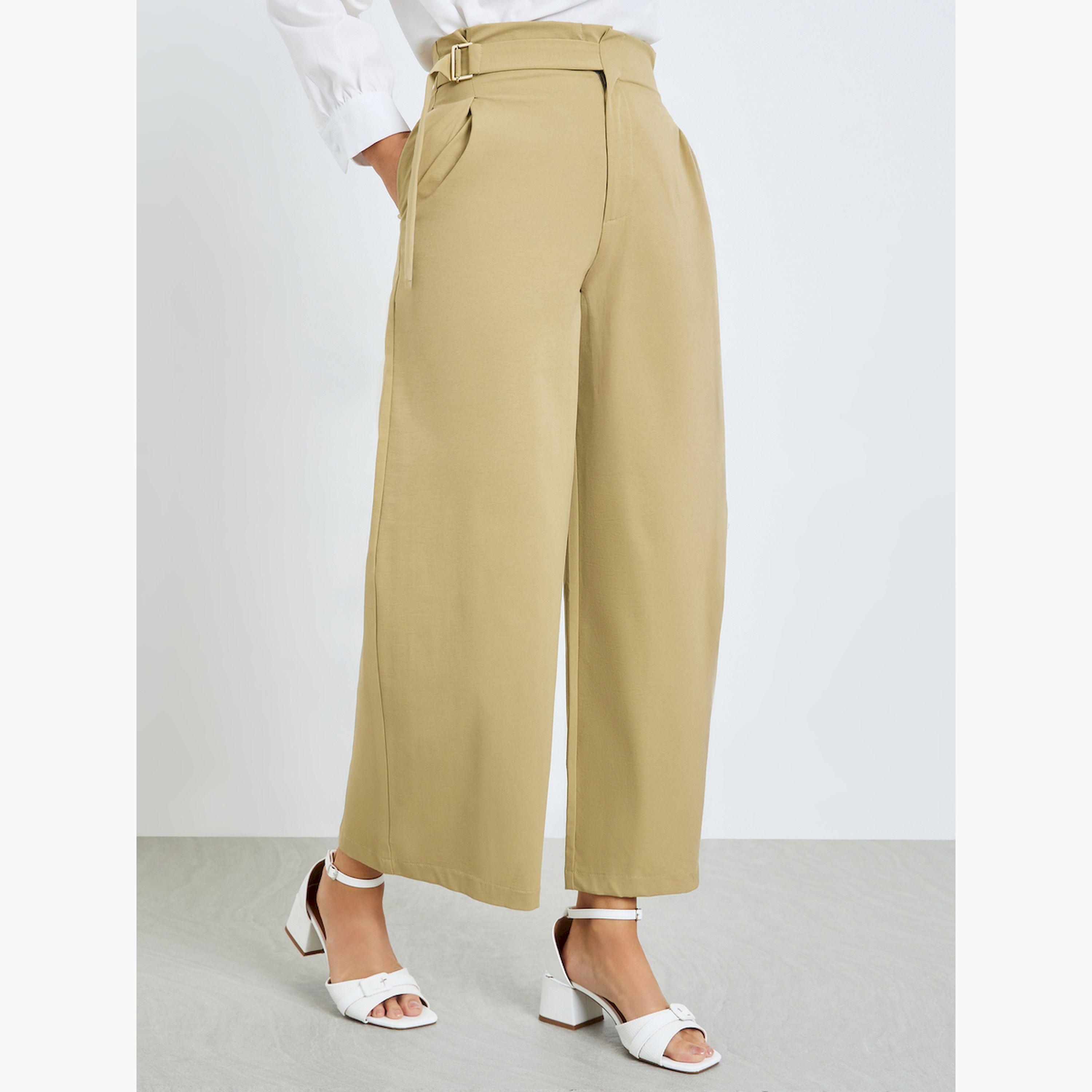 بنطال بيج بخصر مرتفع وحزام واسع الساق-women-clothing-bottoms-trousers-image-1